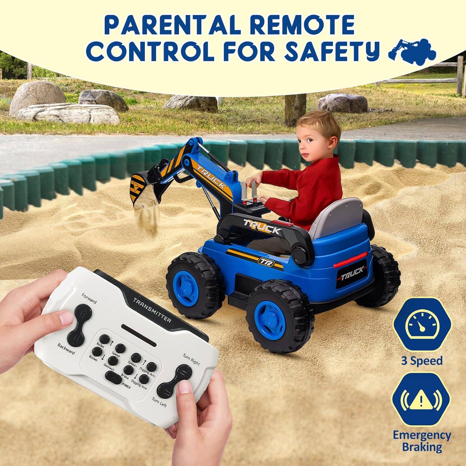 PARENTAL REMOTE CONTROL FOR SAFETY

TRANSMITTER

Forward
Backward
Turn Right
Turn Left

3 Speed
Emergency Braking