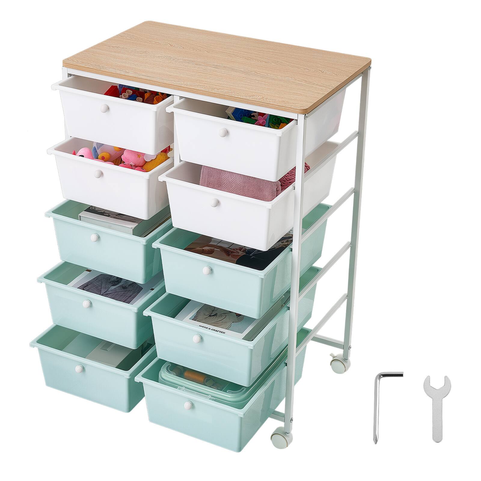 Alt View 5. VEVOR - Rolling Cart with Drawers, Double Row 10 Drawer Storage Organizer, Mobile Utility Cart, Wood Top, Steel Frame - White;Blue.