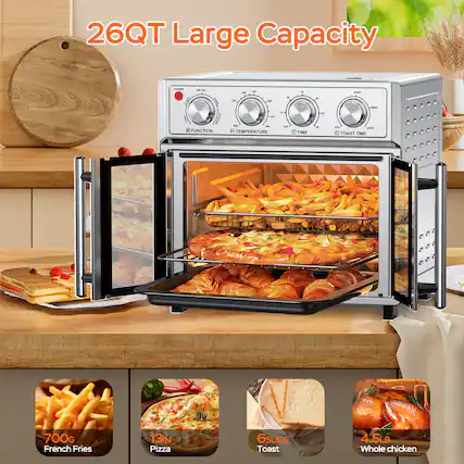 26QT Large Capacity
- 700G French Fries
- 13IN Pizza
- 6SLICE Toast
- 4.5LB Whole Chicken
