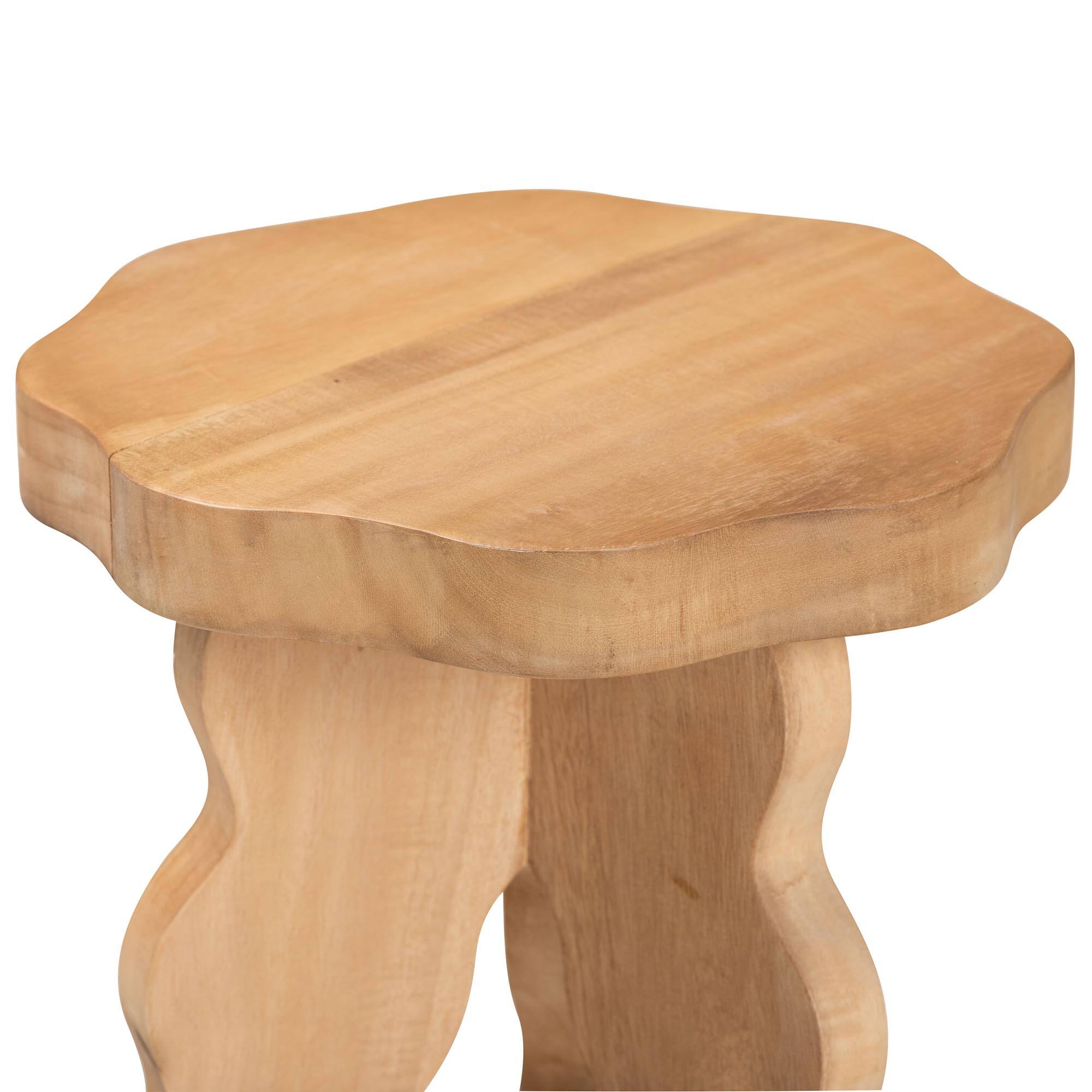 Left. bali & pari - Sino Acacia Wood Multipurpose Accent Stool - Sculptural End Table with Wavy Tripod Base - Natural Brown.