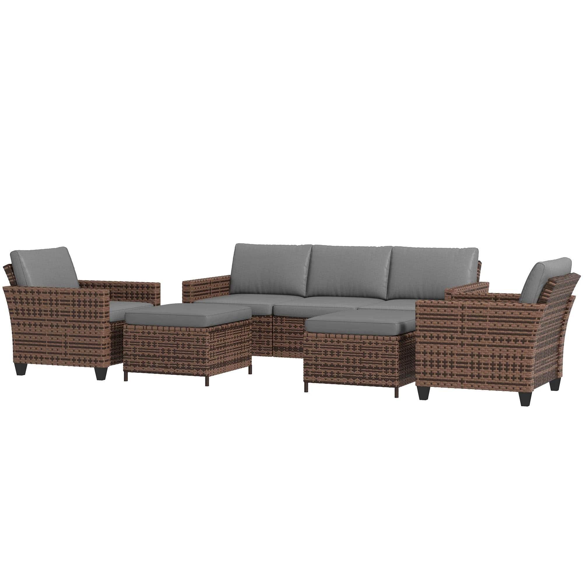 Resenkos - 7 seats rattan patio furniture set, Outdoor Sectional Furniture, PE Rattan - Mixed-brown