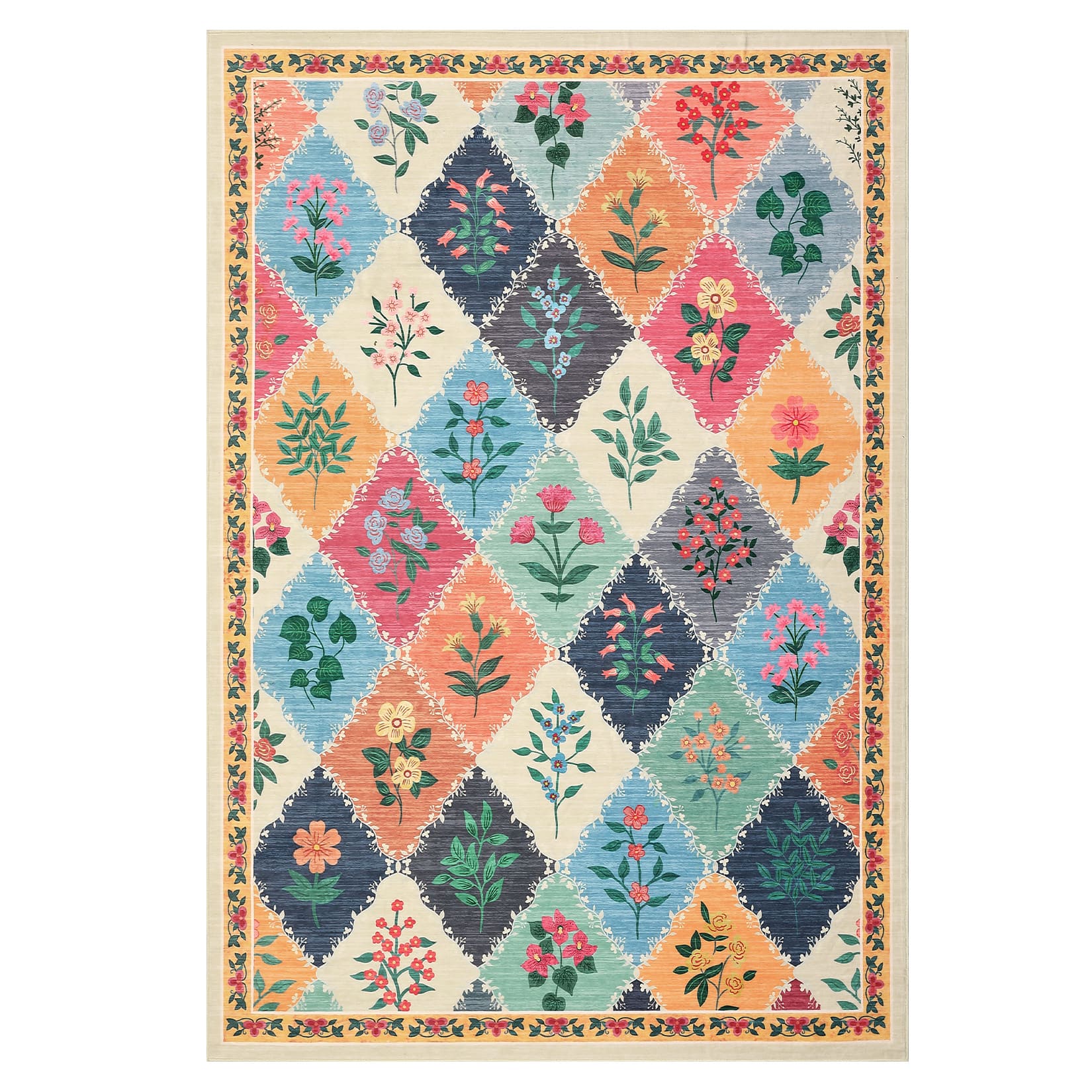 Acekool - Geometric Pastoral Flower Washable Area Rug Framed Botanical Design Washable Non-Slip for Modern Farmhouse Décor - Multicolor