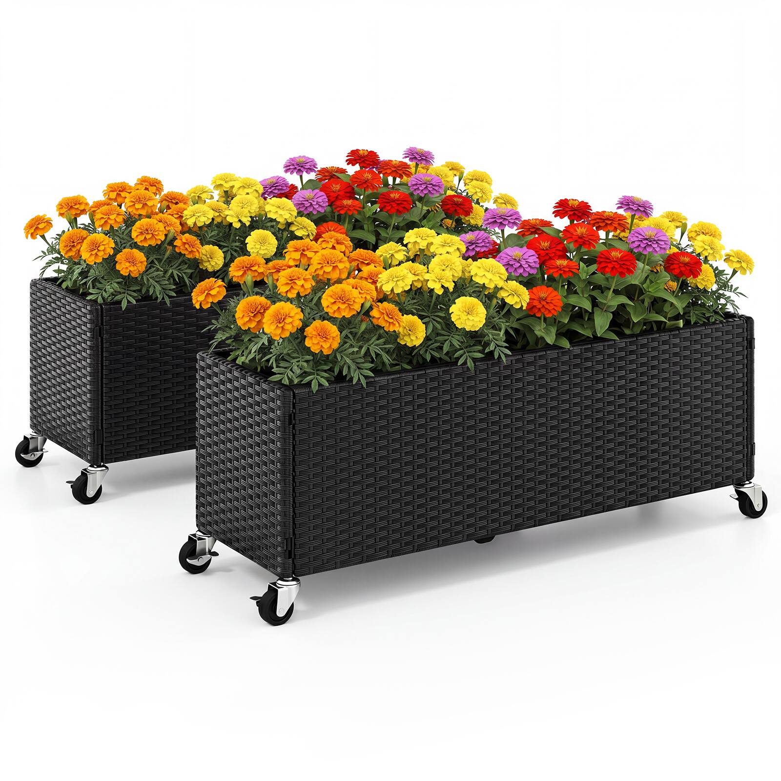 Front. Costway - Costway 2PCS Raised Garden Bed with Lockable Wheels, PE Rattan, Liner Fabric for Flower - Black.