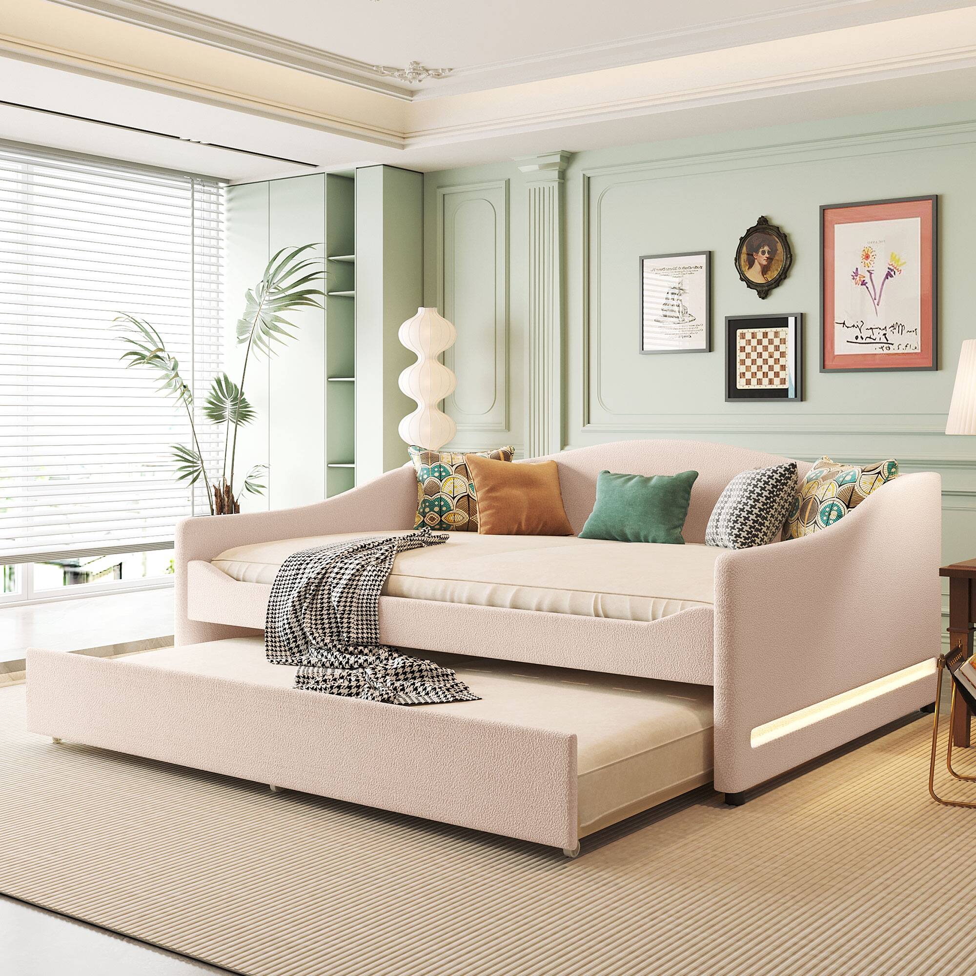 Front. Tiramisubest - Teddy Fleece Full Size Upholstered Daybed with Light and Trundle, Beige - Beige.