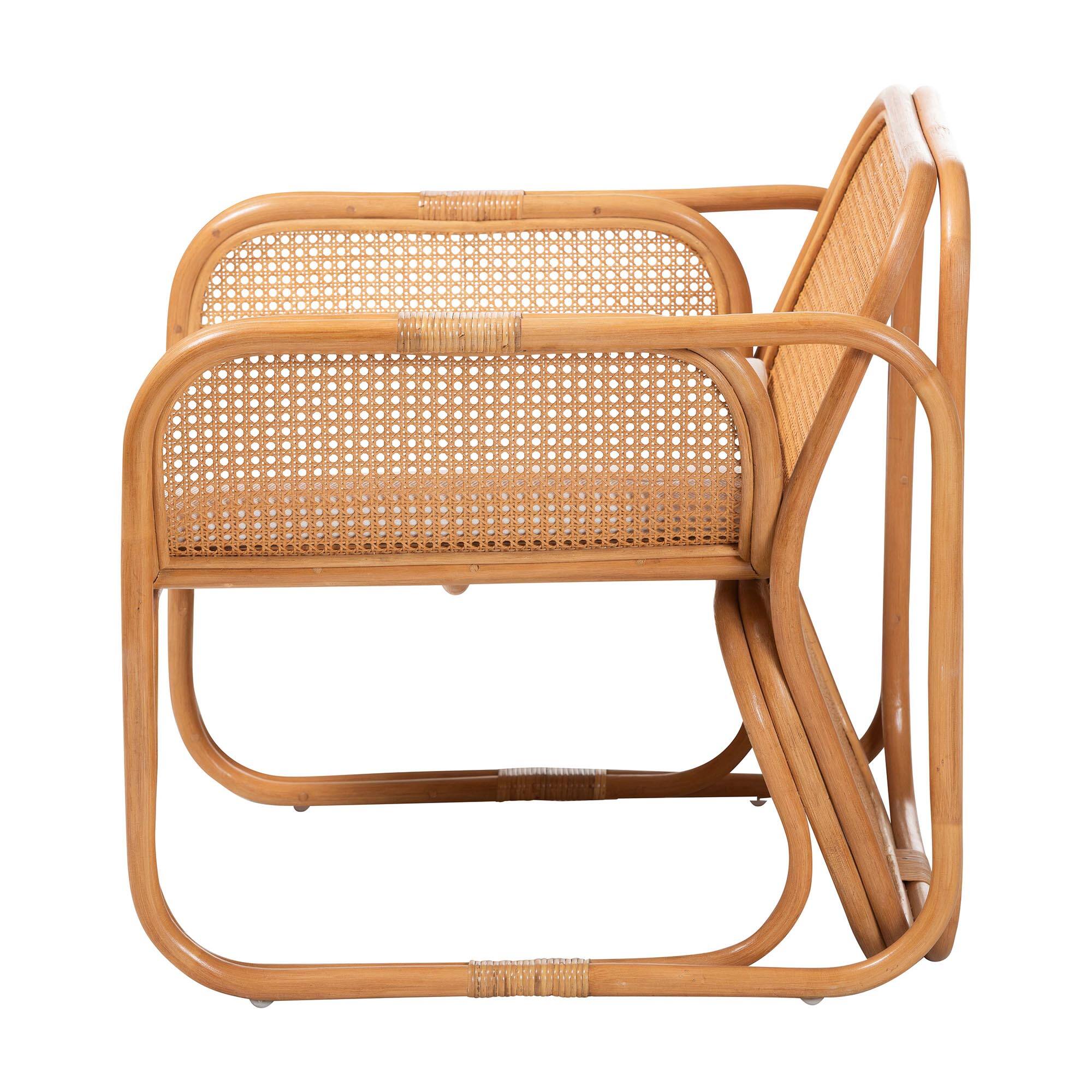 Left. bali & pari - Cambridge Natural Rattan Armchair - Handcrafted Lounge Chair with Cushion, Rounded Frame with Cane Woven Panels - Light Honey.