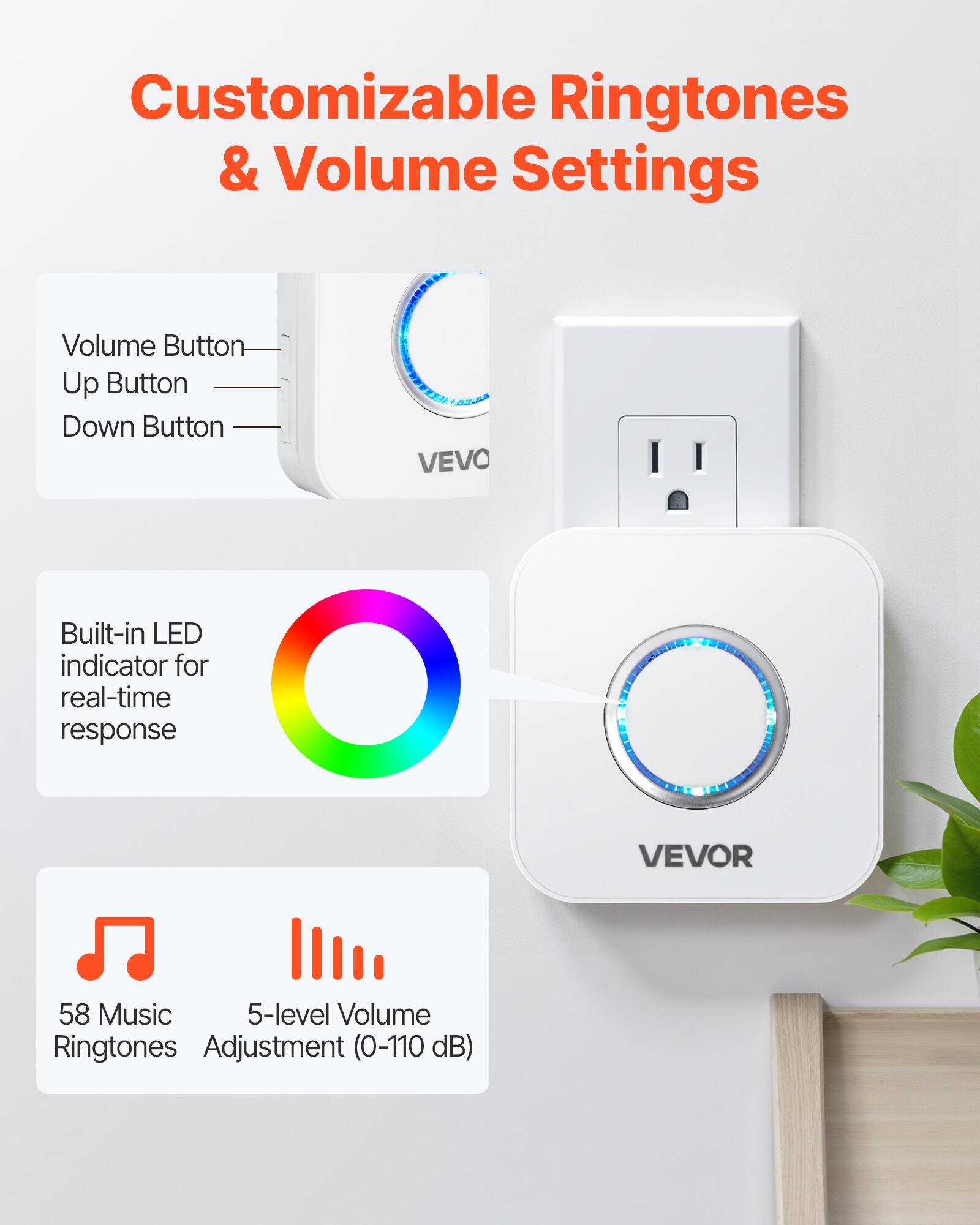 Customizable Ringtones & Volume Settings

- Volume Button
  - Up Button
  - Down Button

- Built-in LED indicator for real-time response

- 58 Music Ringtones
- 5-level Volume Adjustment (0-110 dB)

VEVOR