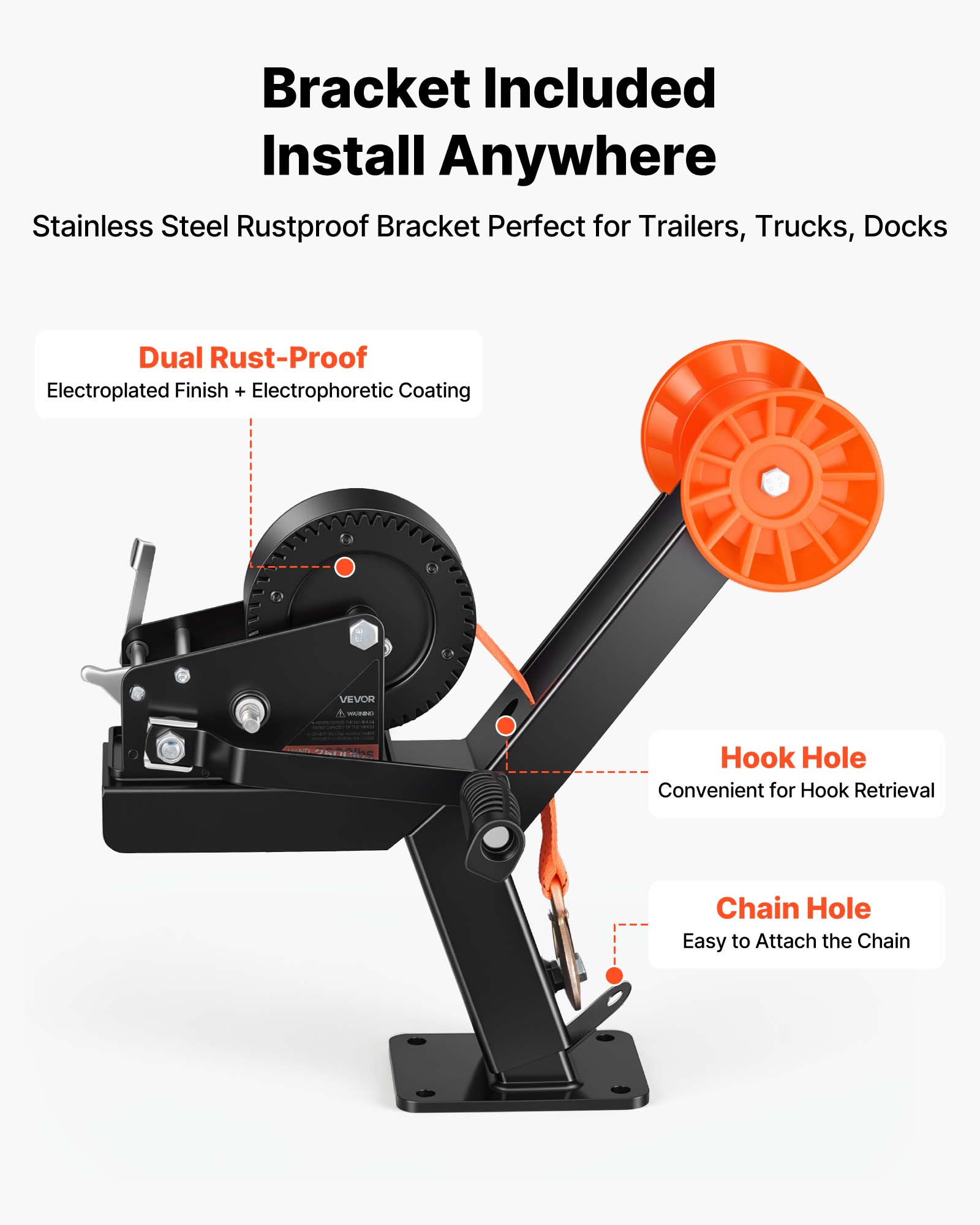Bracket Included Install Anywhere Stainless Steel Rustproof Bracket Perfect for Trailers, Trucks, Docks Dual Rust-Proof Electroplated Finish + Electrophoretic Coating R VEVOR W Hook Hole Convenient for Hook Retrieval Chain Hole Easy to Attach the Chain