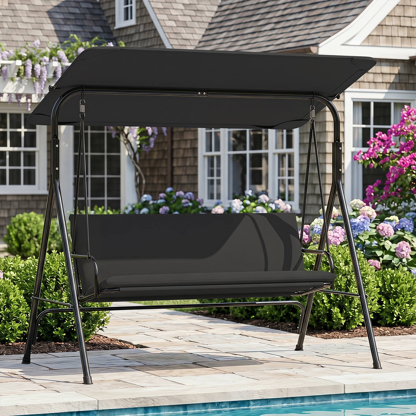 Alt View 5. Gymax - Gymax 3-Seat Outdoor Patio Swing Chair w/  ArmrestsAdjustable Tilt Canopy & Stand Black - Black.