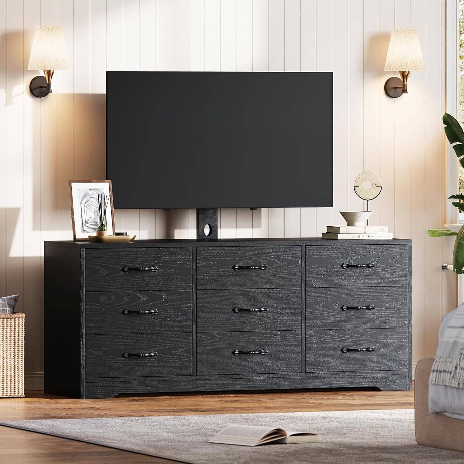 GARVEE - Modern 55" Media Console with 9 Drawers TV Stand with Mount for TVs Up to 85" - Black
