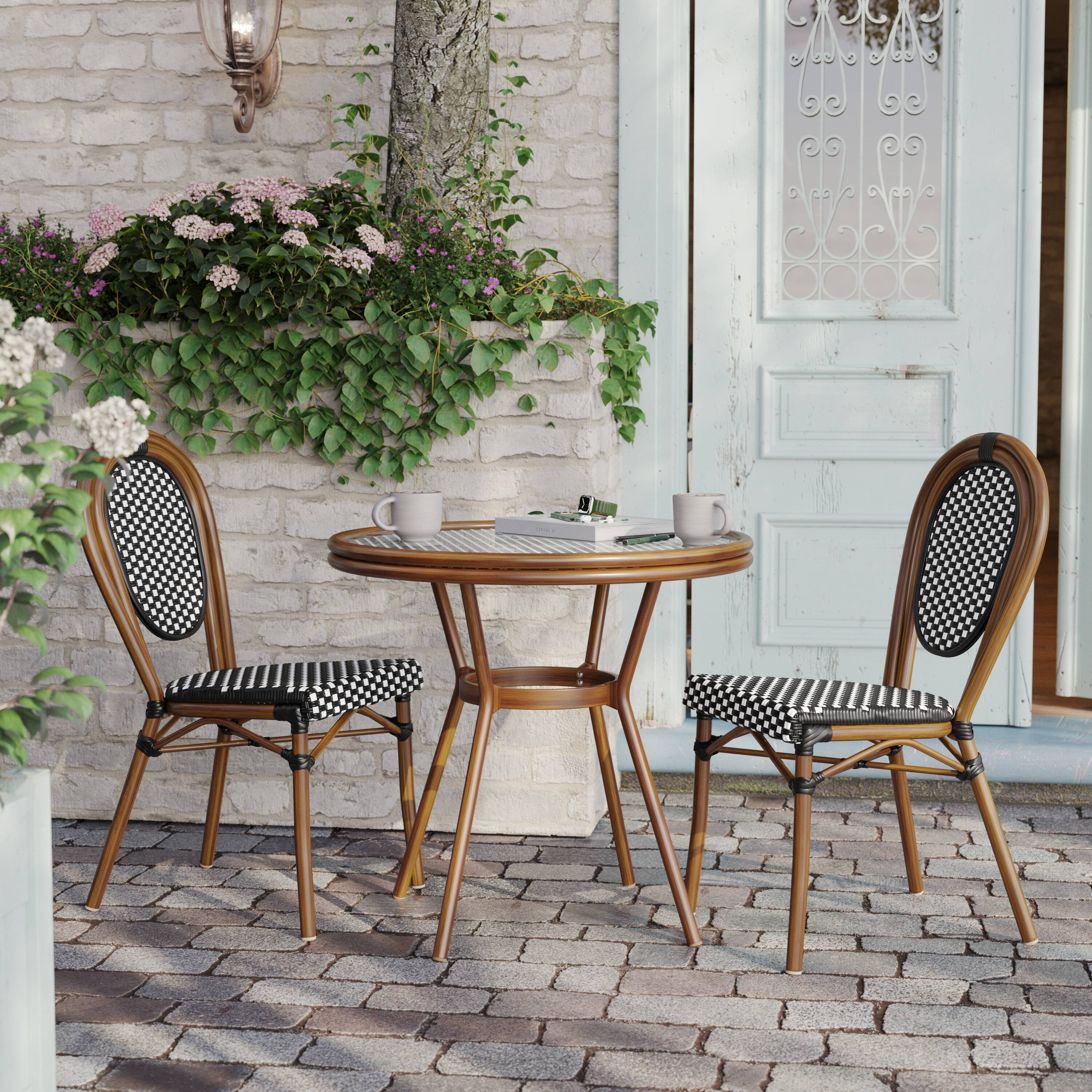 Alt View 2. Flash Furniture - Lourdes Indoor/Outdoor Commercial Bistro 31.5" Table, Black and White PE Rattan, Glass Top, Bamboo Print Aluminum Frame - Black.