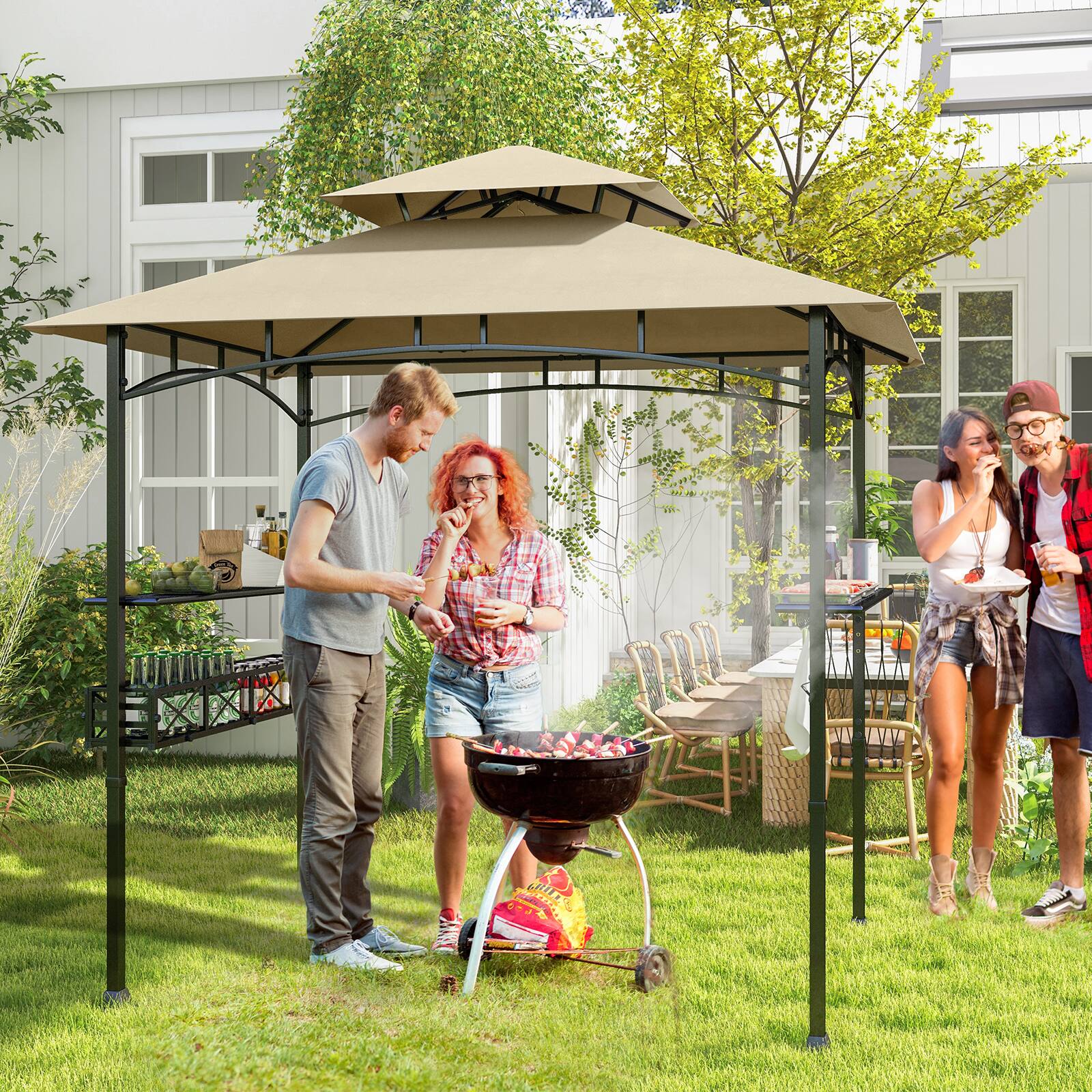 Alt View 3. Gymax - Gymax 8 x 5 FT BBQ Grill Gazebo w/ 2 Side Shelves Storage Basket Hanging Hooks Outdoor Beige & Black - Beige, Black.