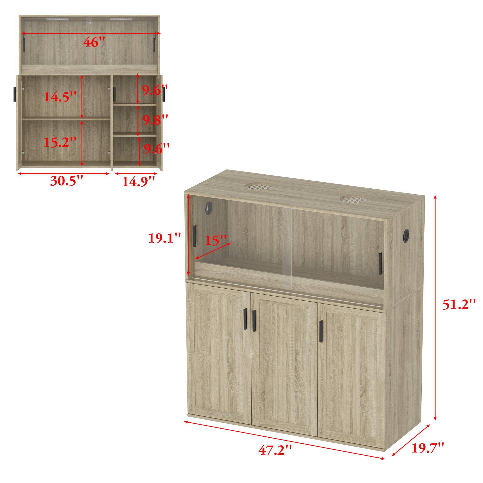 The image shows a cabinet with a 46" height, 14.5" width, and 15.2" depth. The cabinet also has a 9.61" door height, 9.8" door width, and 9.6" door depth. The cabinet is designed to be 30.5" tall, 14.9" wide, and 19.1" deep. The cabinet is made of wood and has a 15" door height, 15" door width, and 15" door depth.