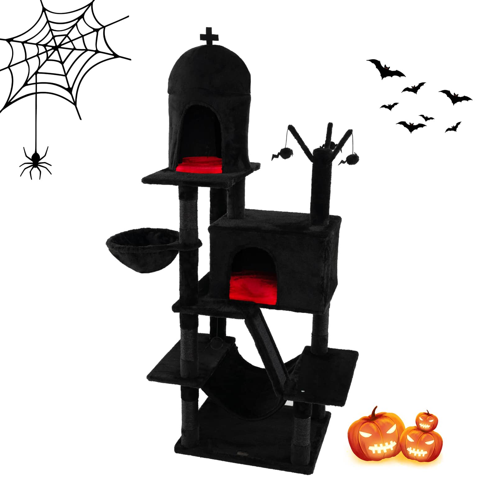 Costway - Gothic Cat Tree Spooky Halloween Cat Tower w/ Scratching Posts Pet House for Indoor Cats - Black,Red