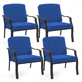 Gymax - 4 PCS Patio Metal Chairs Outdoor Dining Seat Heavy Duty w/ Cushions Garden - Blue