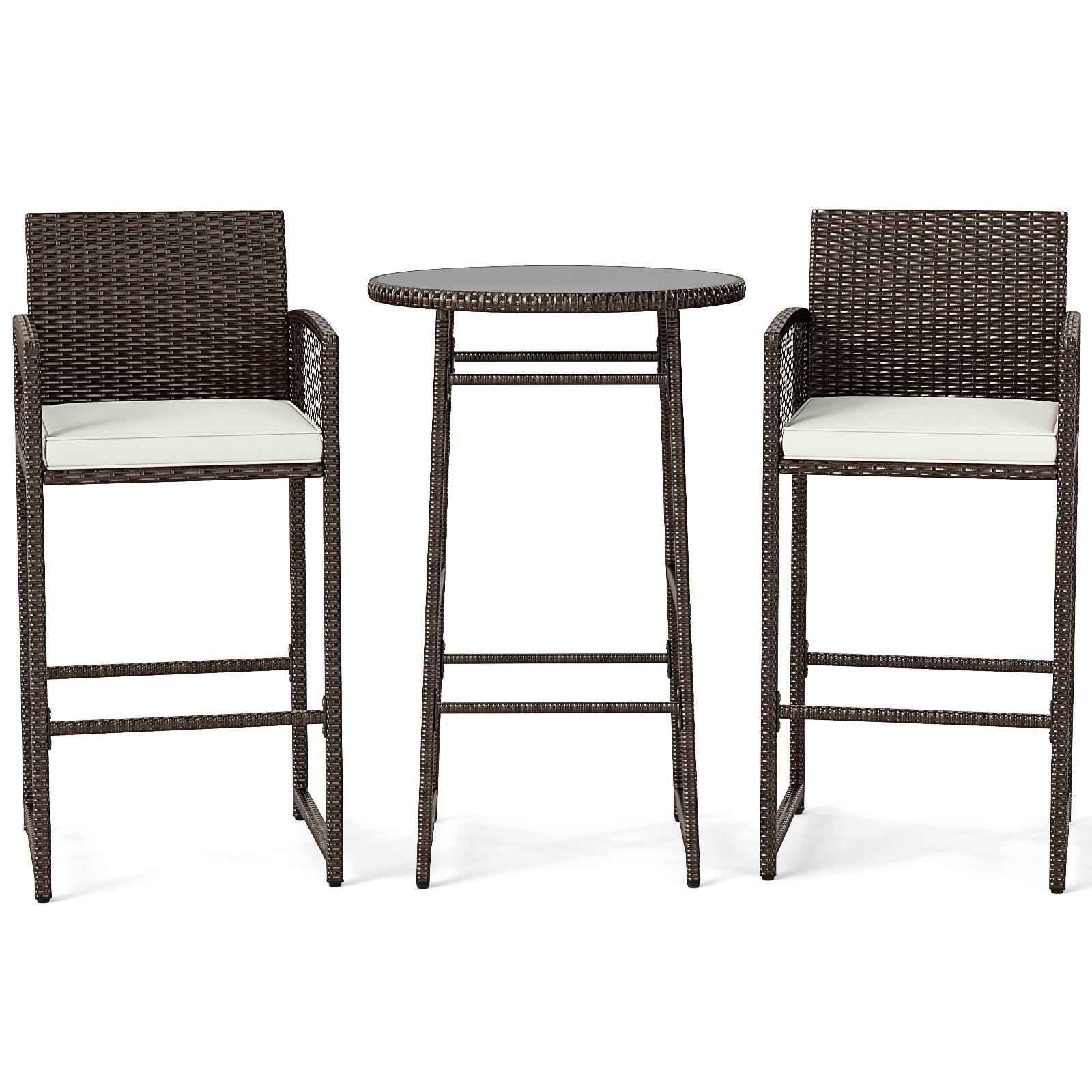 Alt View 5. Gymax - Gymax 3 Piece Wicker Patio Bar Set w/ 2 Seat Cushions Glass Tabletop for Backyard - Brown.