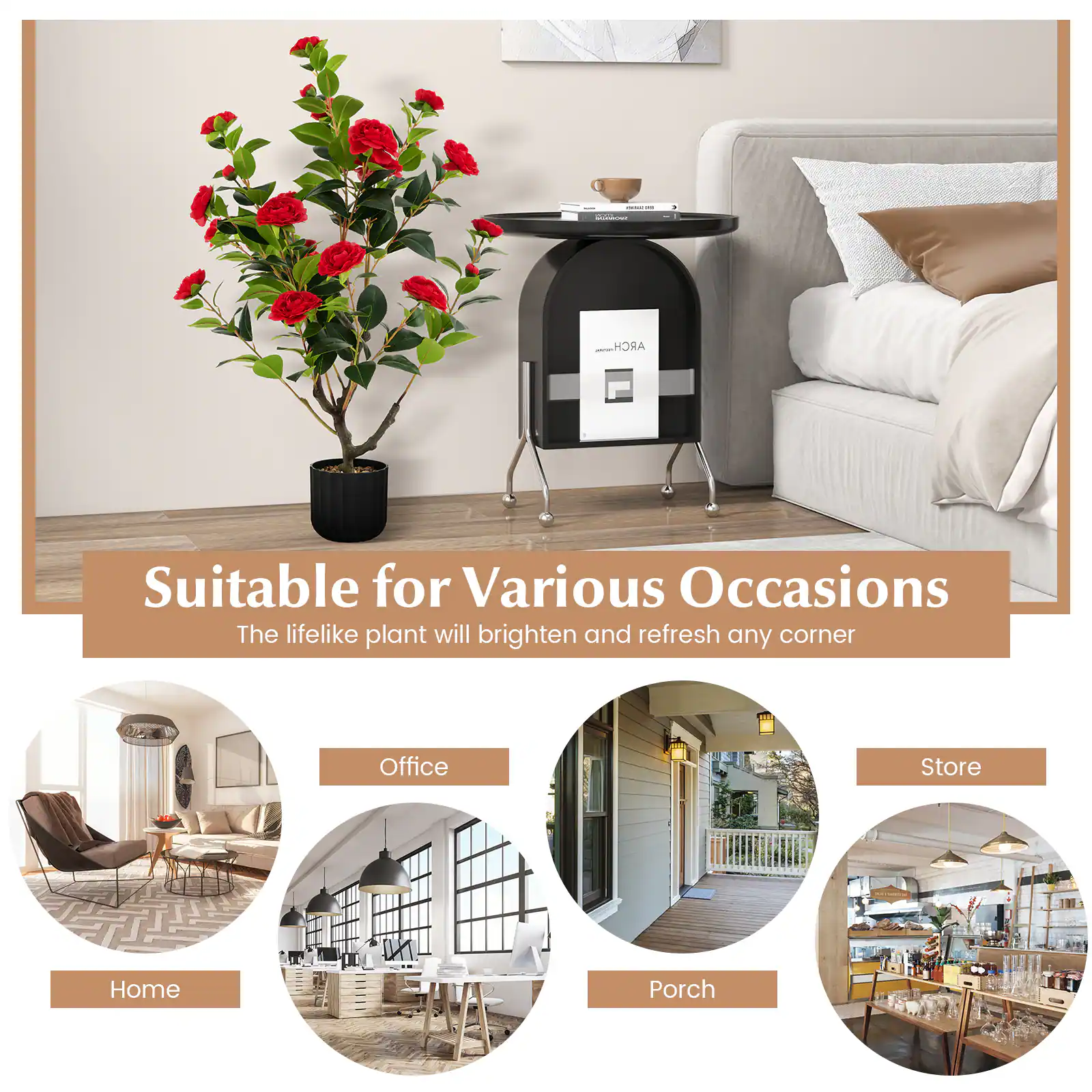 Suitable for Various Occasions  
The lifelike plant will brighten and refresh any corner  

- Office  
- Home  
- Store  
- Porch