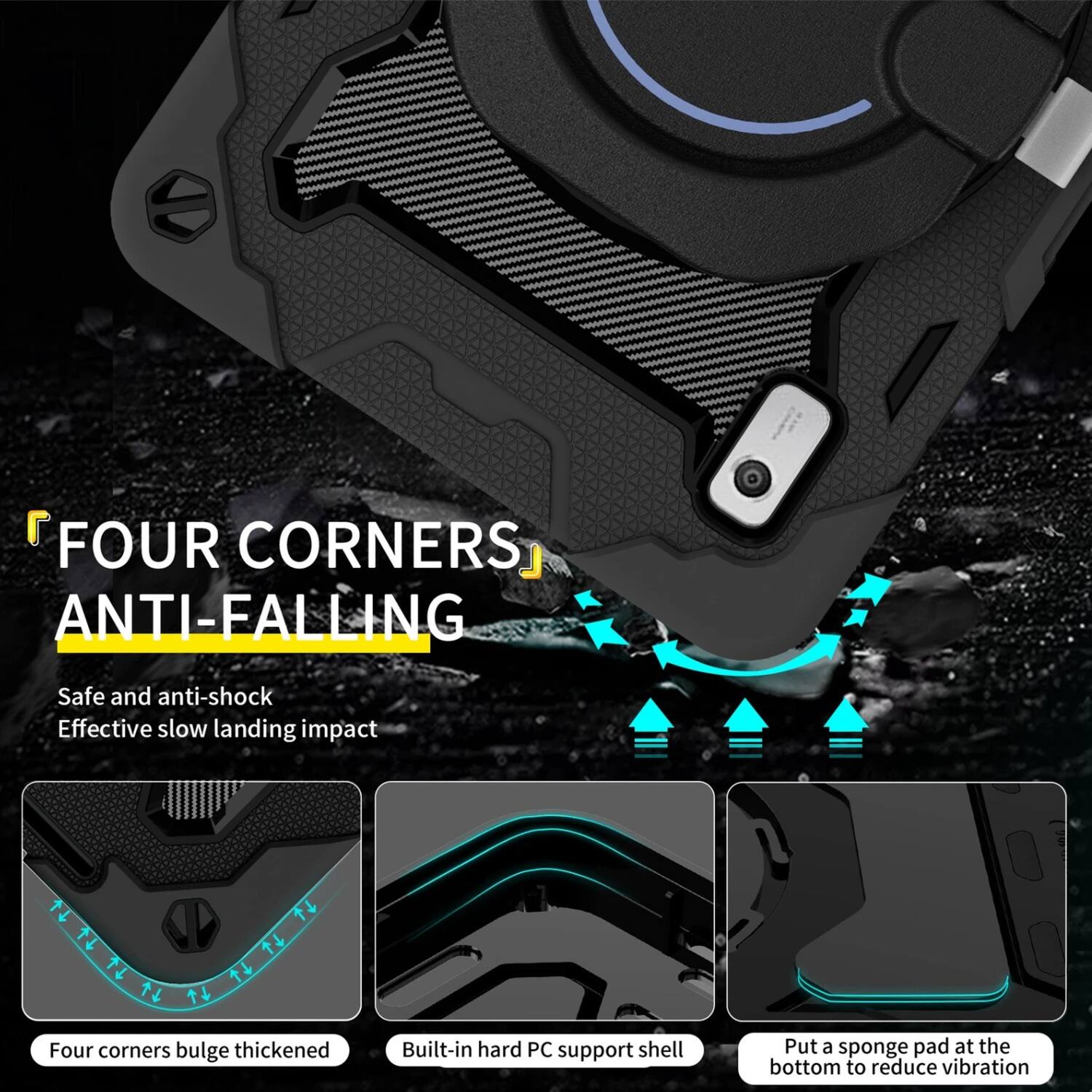FOUR CORNERS ANTI-FALLING

Safe and anti-shock  
Effective slow landing impact

- Four corners bulge thickened
- Built-in hard PC support shell
- Put a sponge pad at the bottom to reduce vibration