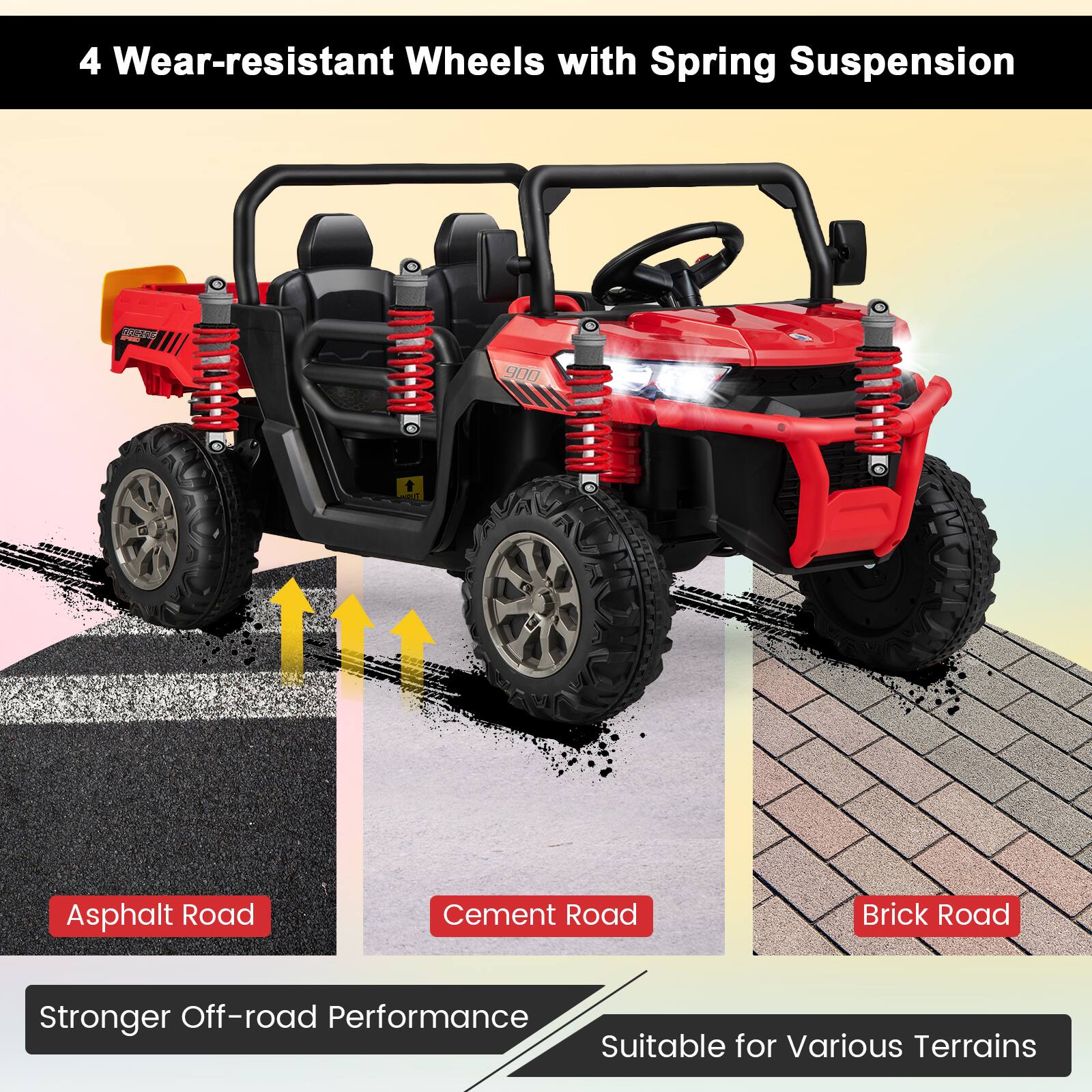 4 Wear-resistant Wheels with Spring Suspension

- Asphalt Road
- Cement Road
- Brick Road

Stronger Off-road Performance

Suitable for Various Terrains