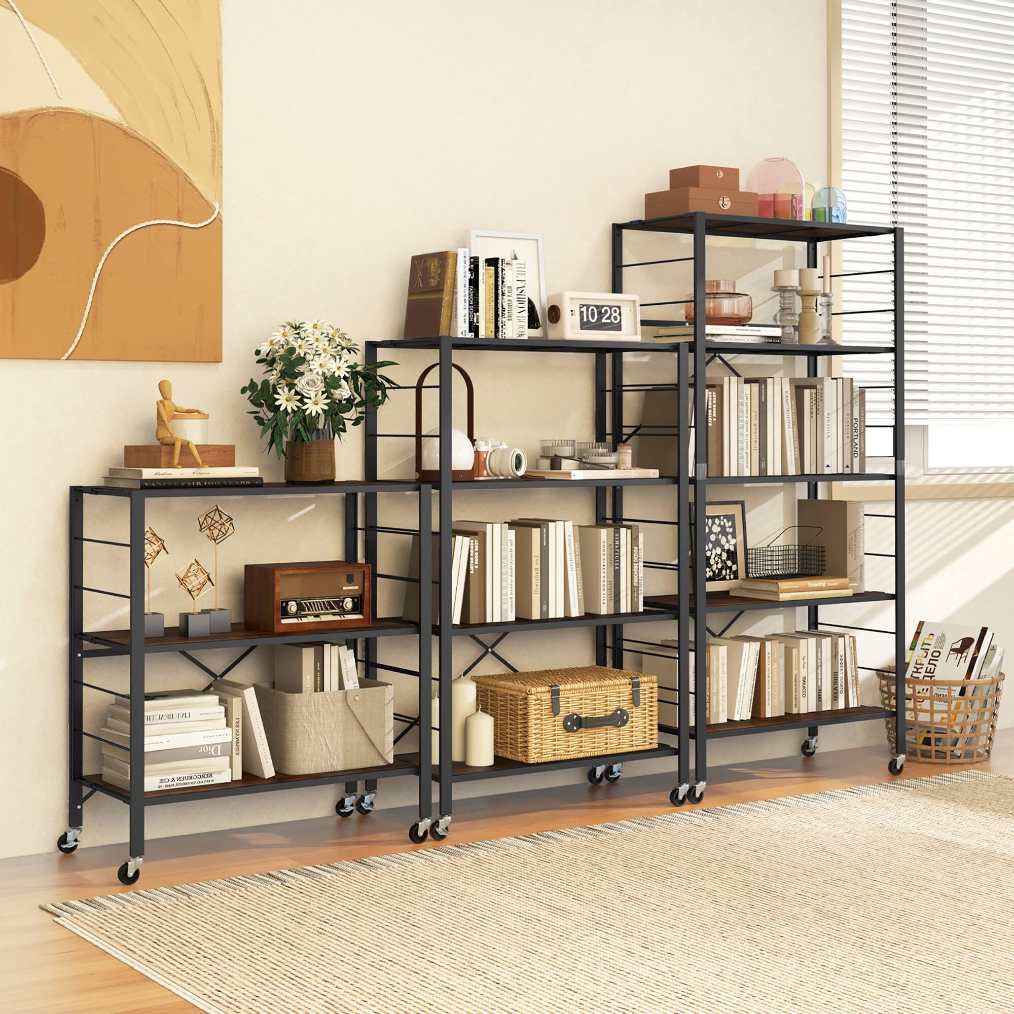 Alt View 4. Gymax - Gymax 4-tier Foldable Storage Shelf w/ Lockable Wheels Home Shelving Unit for Tool Room - Black, Rustic Brown.