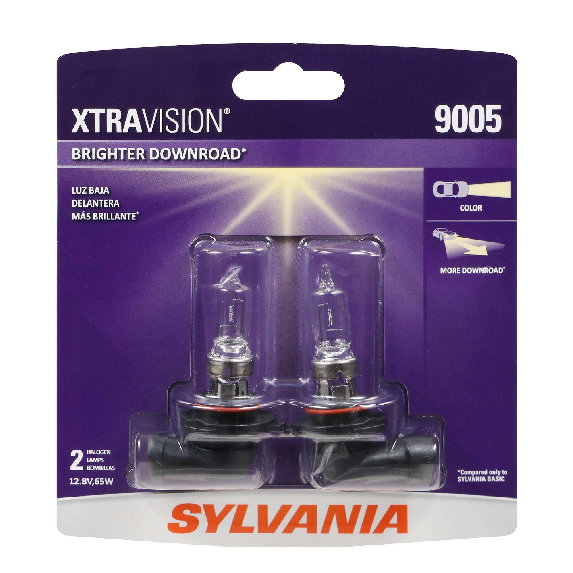 XTRAVISION BRIGHTER DOWNROAD*  
9005  
LUZ BAJA DELANTERA MÁS BRILLANTE'  
B COLOR  
MORE DOWNROAD*  
HALOGEN 2 BOMBILLAS LAMPS *Compared only to SYLVANIA BASIC 12.8V,65W SYLVANIA
