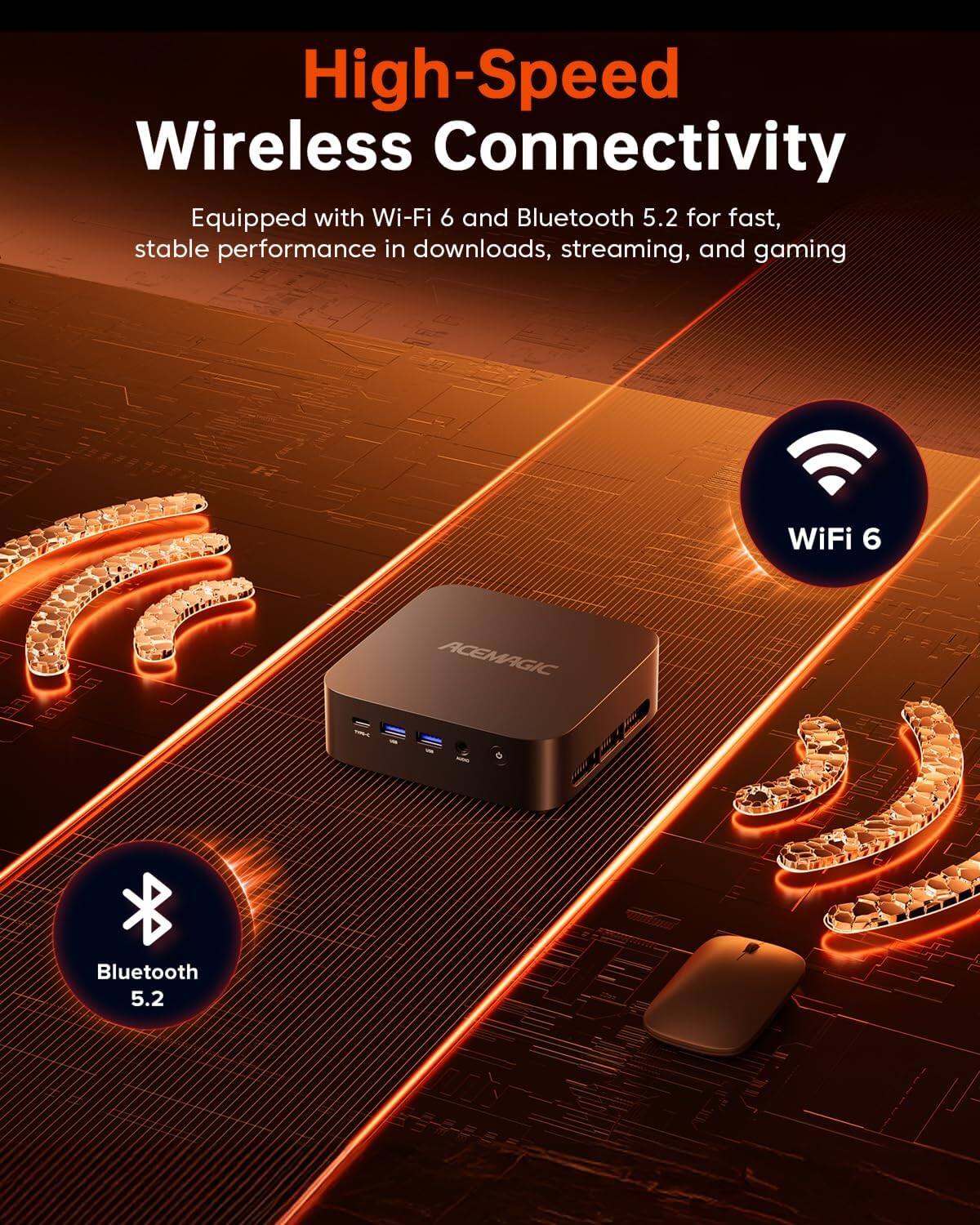 High-Speed Wireless Connectivity  
Equipped with Wi-Fi 6 and Bluetooth 5.2 for fast, stable performance in downloads, streaming, and gaming  

WiFi 6  
Bluetooth 5.2