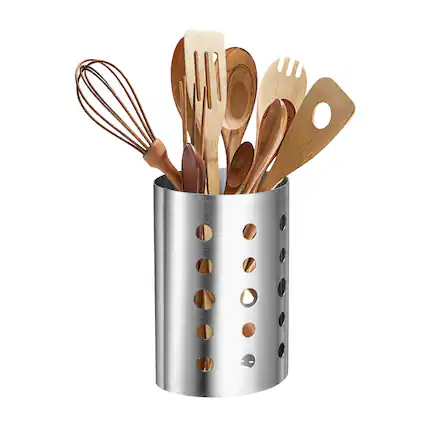 Front. Unique Bargains - Kitchen Utensil Holder, 4.65"x6.7" Oval Stainless Steel with Drain Hole for Straw Spoon Chopstick - Silver.