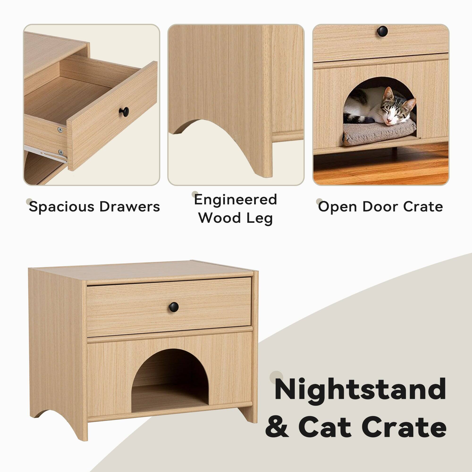- Spacious Drawers
- Engineered Wood Leg
- Open Door Crate
- Nightstand & Cat Crate