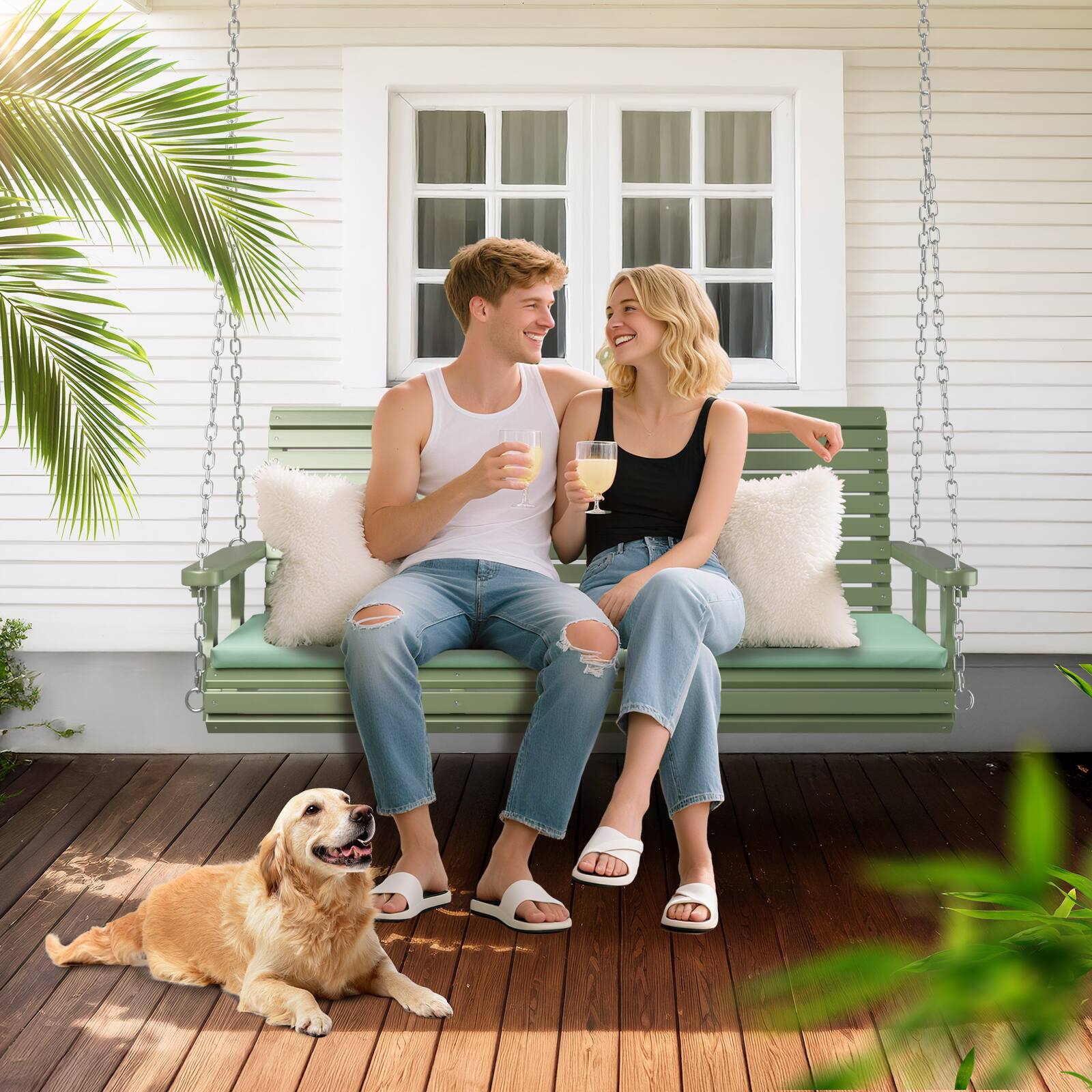 Alt View 4. Winado - 5 FT Wooden Porch Swing Bench Set with Cushion, Hanging Chains for Outdoor Garden - Olive Green.