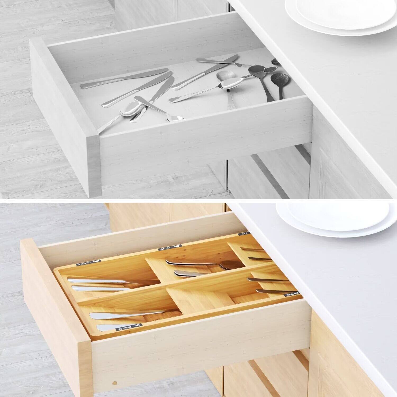 Back. Tooloton - Bamboo Flatware Drawer Organizer Tray with 6 Slots and Labels for Utensil Storage (Natural Color) - Natural.