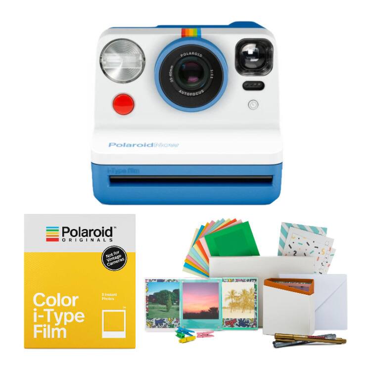 Polaroid Originals Color i-Type Film is designed for vintage and instant color photos. It comes with a Polaroid 35-40mm Teis Autofocus camera that is perfect for capturing memories. The camera is blue and white, and it is accompanied by a book and various accessories, such as a pen, scissors, and a notebook. The Polaroid Originals Color i-Type Film is a great choice for anyone looking to capture unique and nostalgic moments.