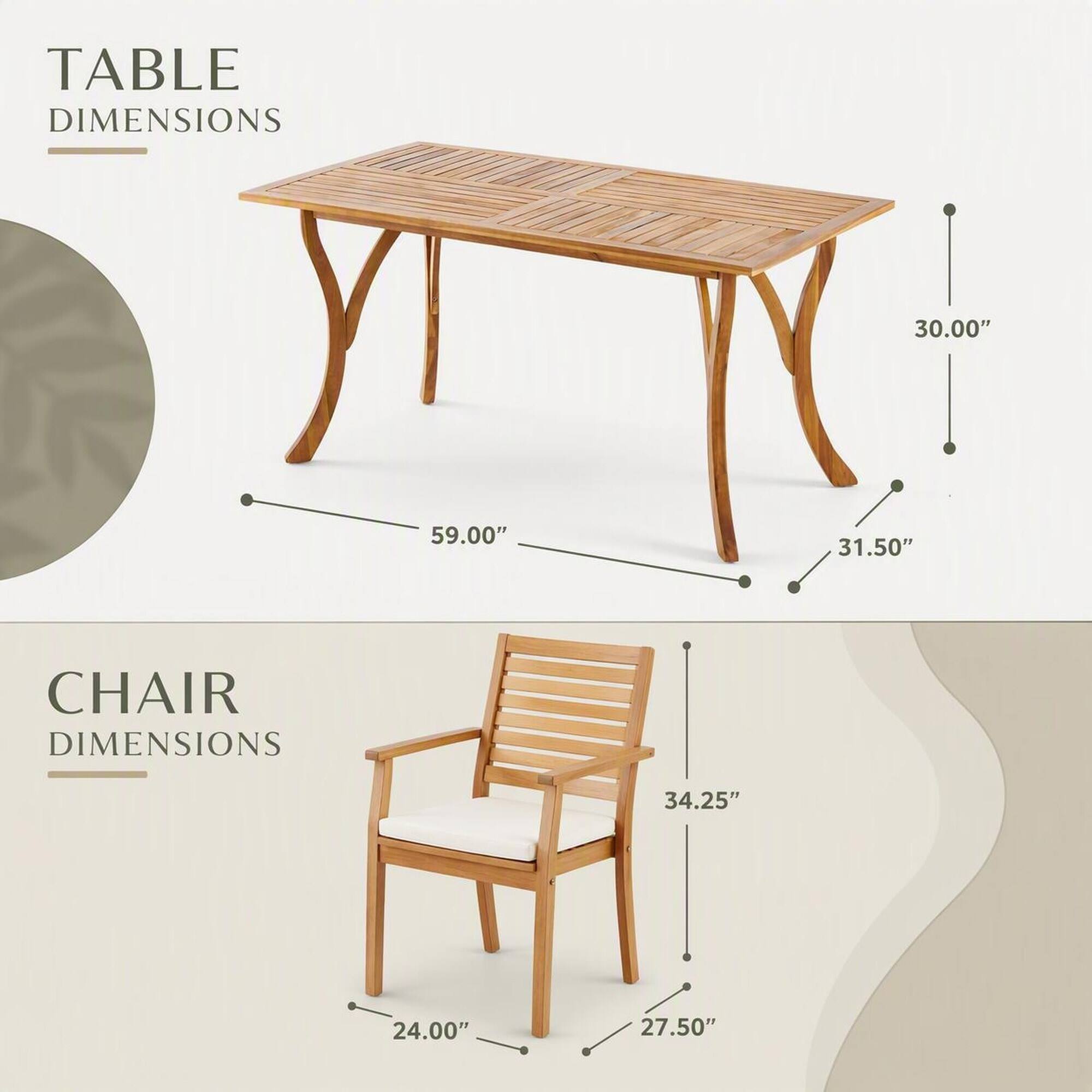 TABLE DIMENSIONS
30.00"
59.00"
31.50"

CHAIR DIMENSIONS
34.25"
24.00"
27.50"