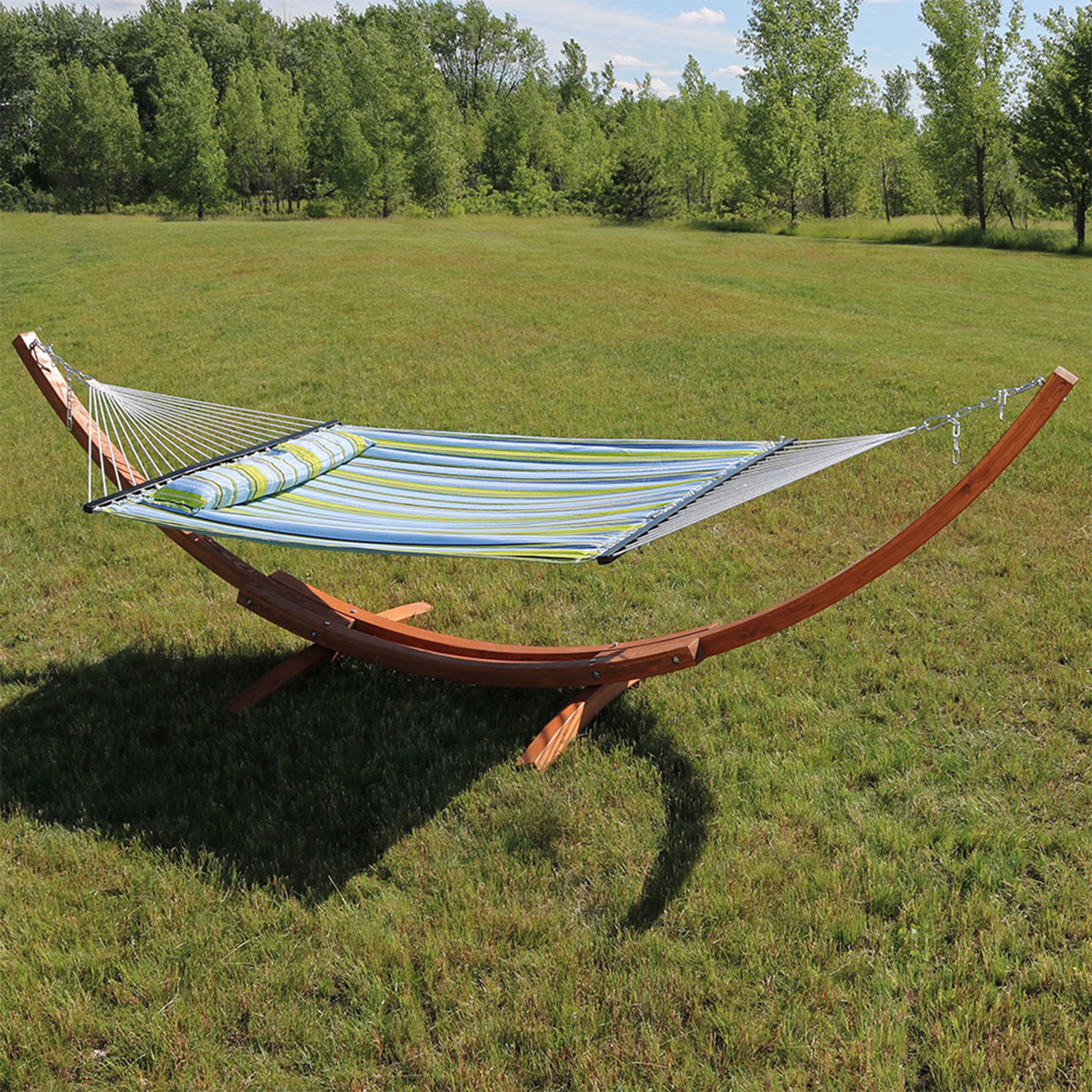 Alt View 4. Sunnydaze - 2-Person Quilted Hammock with Curved Wooden Stand - Blue and Green Stripe.