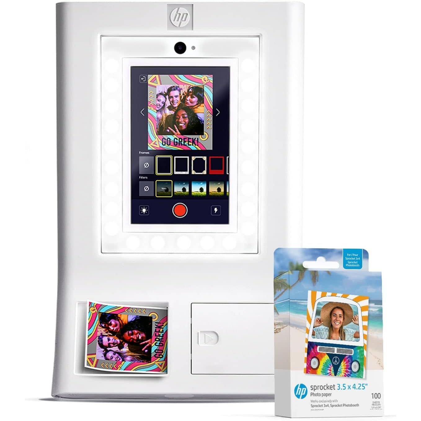 HP - Sprocket Photo Booth + 110 3x4 Zink Paper Sheets, Digital Instant Color Photo Printer, 10.1" Touchscreen Photobooth - White