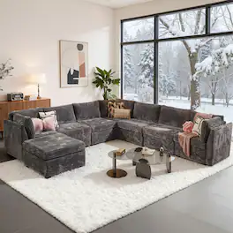 Ovios - 130.8" Modular Sectional Sofa, U Shaped Plush Corduroy 7 Seat Couch with Ottoman - Gray