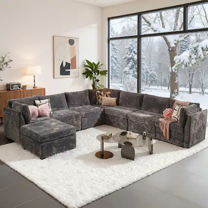 Front. Ovios - 130.8" Modular Sectional Sofa, U Shaped Plush Corduroy 7 Seat Couch with Ottoman - Grey.