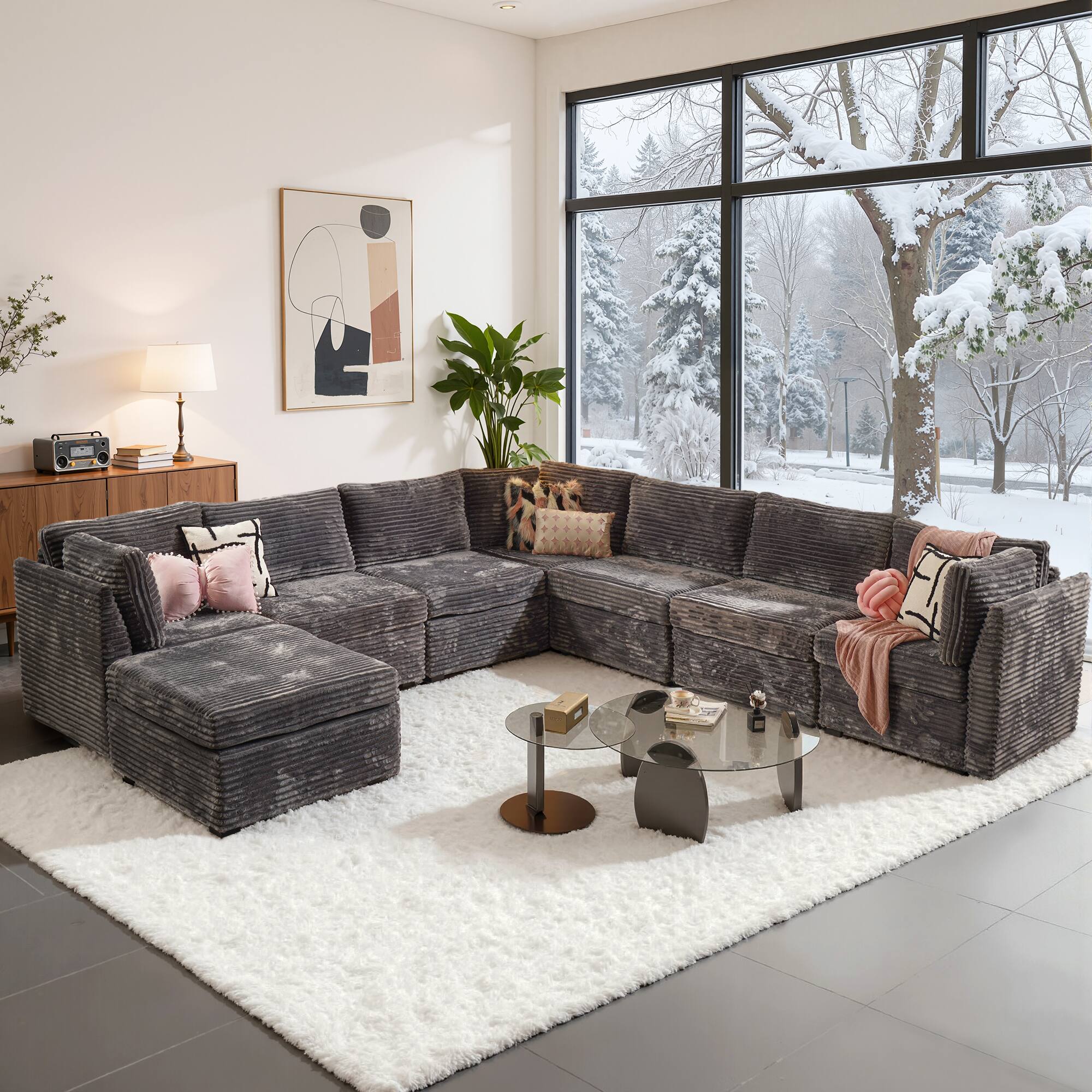 Front. Ovios - 130.8" Modular Sectional Sofa, U Shaped Plush Corduroy 7 Seat Couch with Ottoman - Grey.