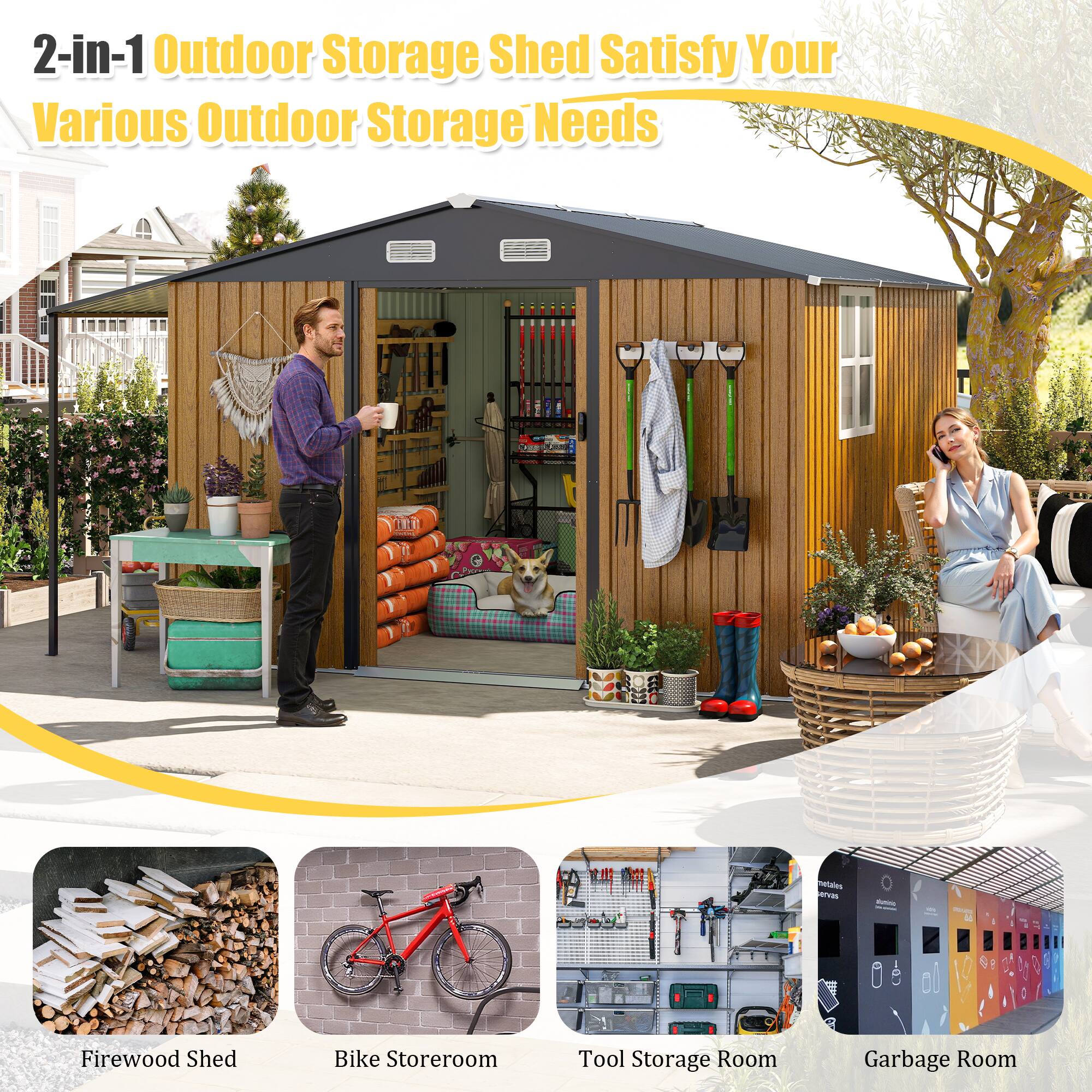 Alt View 2. Mondawe - 10x12 Ft Outdoor Storage Shed with Dual-Zone Design for Tools and Firewood and Window - Yellow.