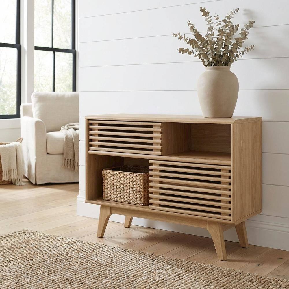 Angle. FurniFact - Brown wood TV stand with sleek design and sturdy construction - Brown.