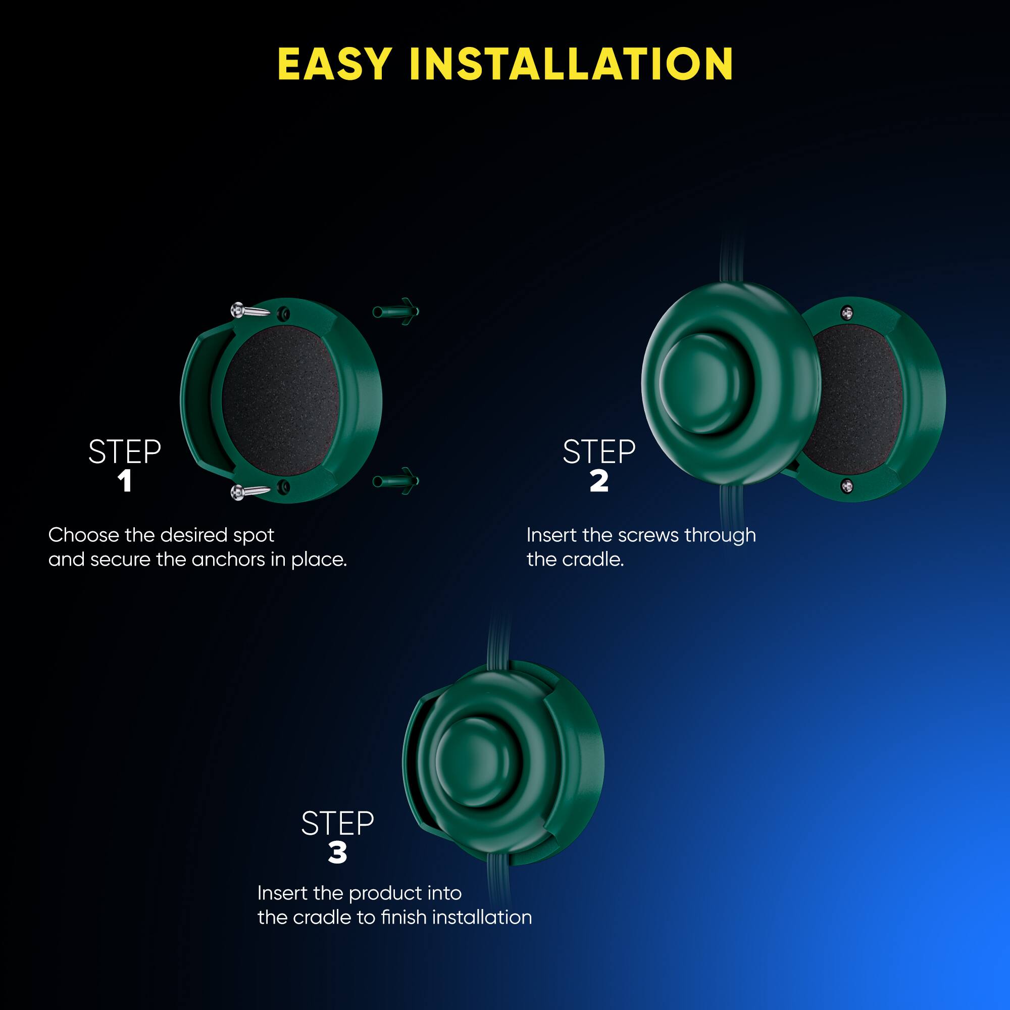 EASY INSTALLATION
STEP 1 Choose the desired spot and secure the anchors in place.
STEP 2 Insert the screws through the cradle.
STEP 3 Insert the product into the cradle to finish installation.