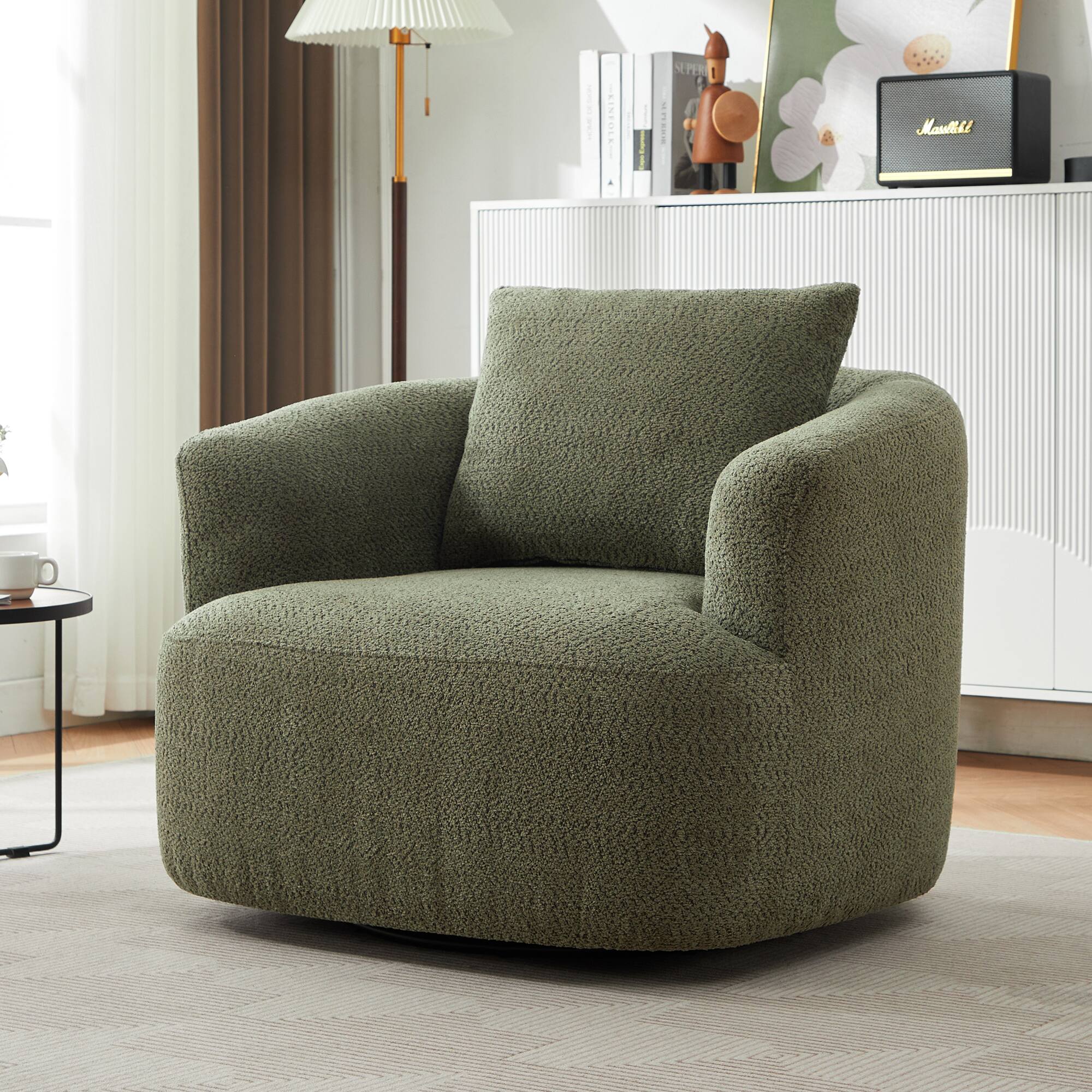 Front. TinyHomie - 38 Inch Green 360 Swivel Upholstered Accent Barrel Sofa Chair with Throw Pillow - Green.