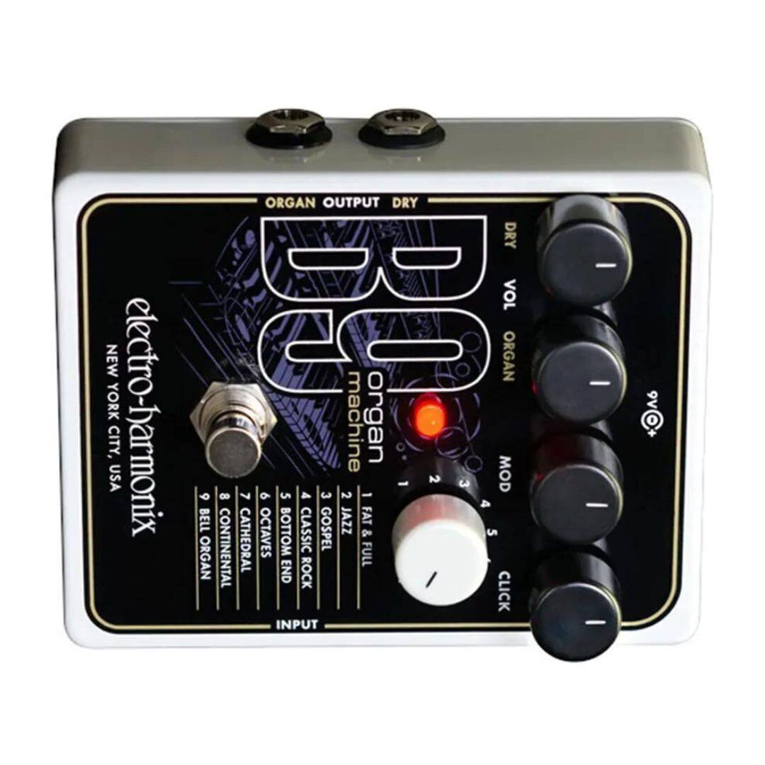 NEW YORK CITY, USA  
electro-harmonix  
ORGAN OUTPUT DRY  
DRY VOL ORGAN MOD 6 8 7 9 5 4 3 2 - 4 BELL JAZZ FAT CONTINENTAL CATHEDRAL OCTAVES BOTTOM CLASSIC GOSPEL & 5 ORGAN FULL END ROCK / CLICK INPUT