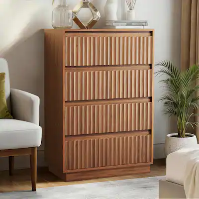 Koligey - 5-Drawer Dresser 27.5"W Single Dresser With Waveform Fluted Panel - Brown Koligey - 5-Drawer Dresser 27.5"W Single Dresser With Waveform Fluted Panel - Brown