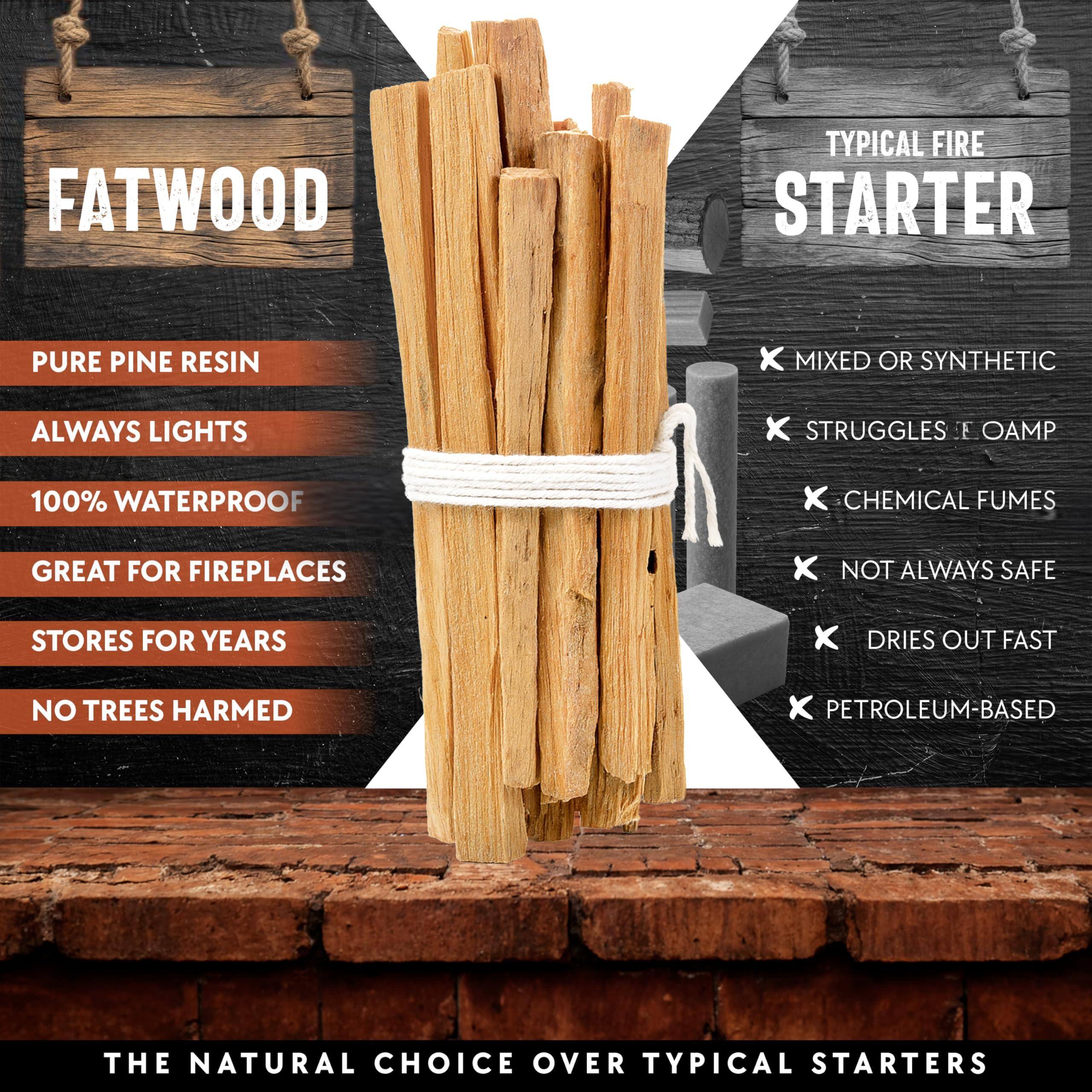 **FATWOOD**

- PURE PINE RESIN
- ALWAYS LIGHTS
- 100% WATERPROOF
- GREAT FOR FIREPLACES
- STORES FOR YEARS
- NO TREES HARMED

**TYPICAL FIRE STARTER**

- MIXED OR SYNTHETIC
- STRUGGLES TO OAMP
- CHEMICAL FUMES
- NOT ALWAYS SAFE
- DRIES OUT FAST
- PETROLEUM-BASED

**THE NATURAL CHOICE OVER TYPICAL STARTERS**