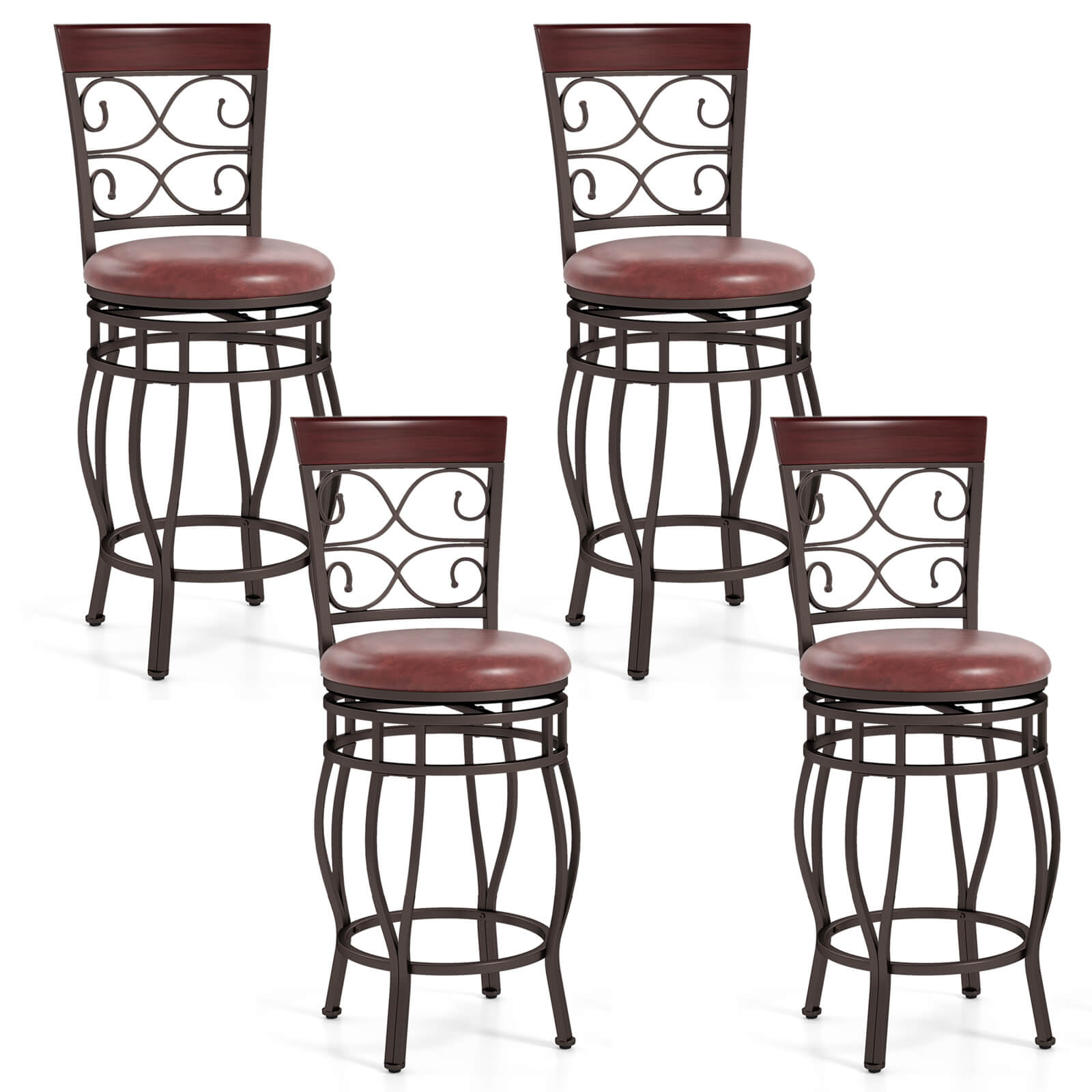 Front. Costway - Costway 26" Swivel Bar Stools Set of 4 with Upholstered Seat Scroll Backrest Footrest Brown - Brown.