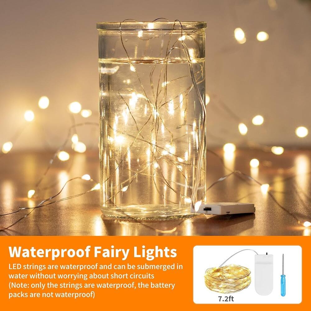 Waterproof Fairy Lights

LED strings are waterproof and can be submerged in water without worrying about short circuits (Note: only the strings are waterproof, the battery packs are not waterproof)

7.2ft