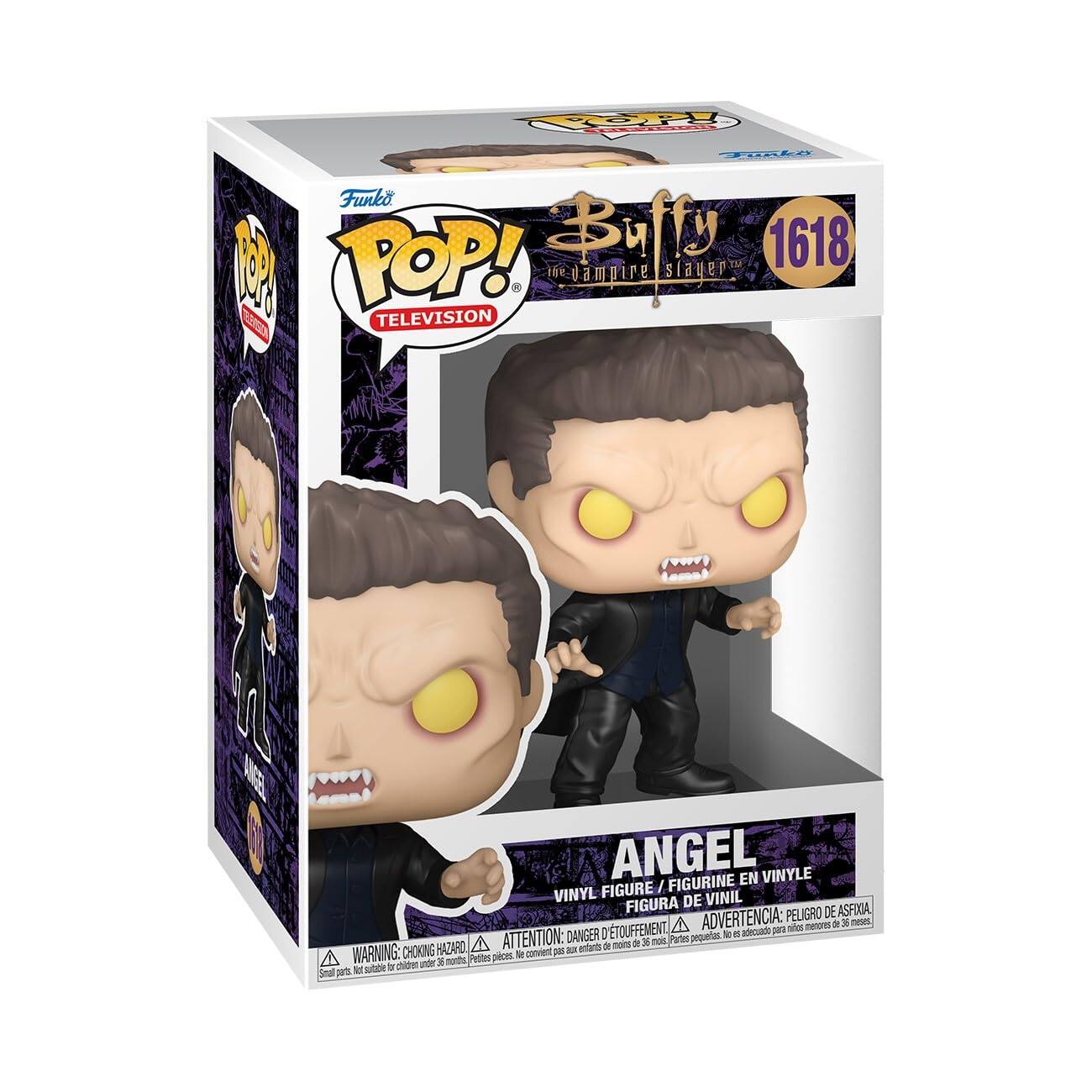 Sure, here is the corrected and grouped text from the image:

---

**Funko POP!**  
**TELEVISION**

**Buffy**  
**the Vampire Slayer**  
**1618**

**ANGEL**  
**VINYL FIGURE / FIGURINE EN VINYLE / FIGURA DE VINIL**

**WARNING: CHOKING HAZARD**  
**ATTENTION: PELIGRO DE ASFIXIA**  
**ADVERTENCIA: PELIGRO DE ASFIXIA**  
**Small parts. Not for children under 3 years.**  
**Pequeñas piezas. No es adecuado para niños menores de 3 años.**

---

This text is organized to reflect the information on the packaging.
