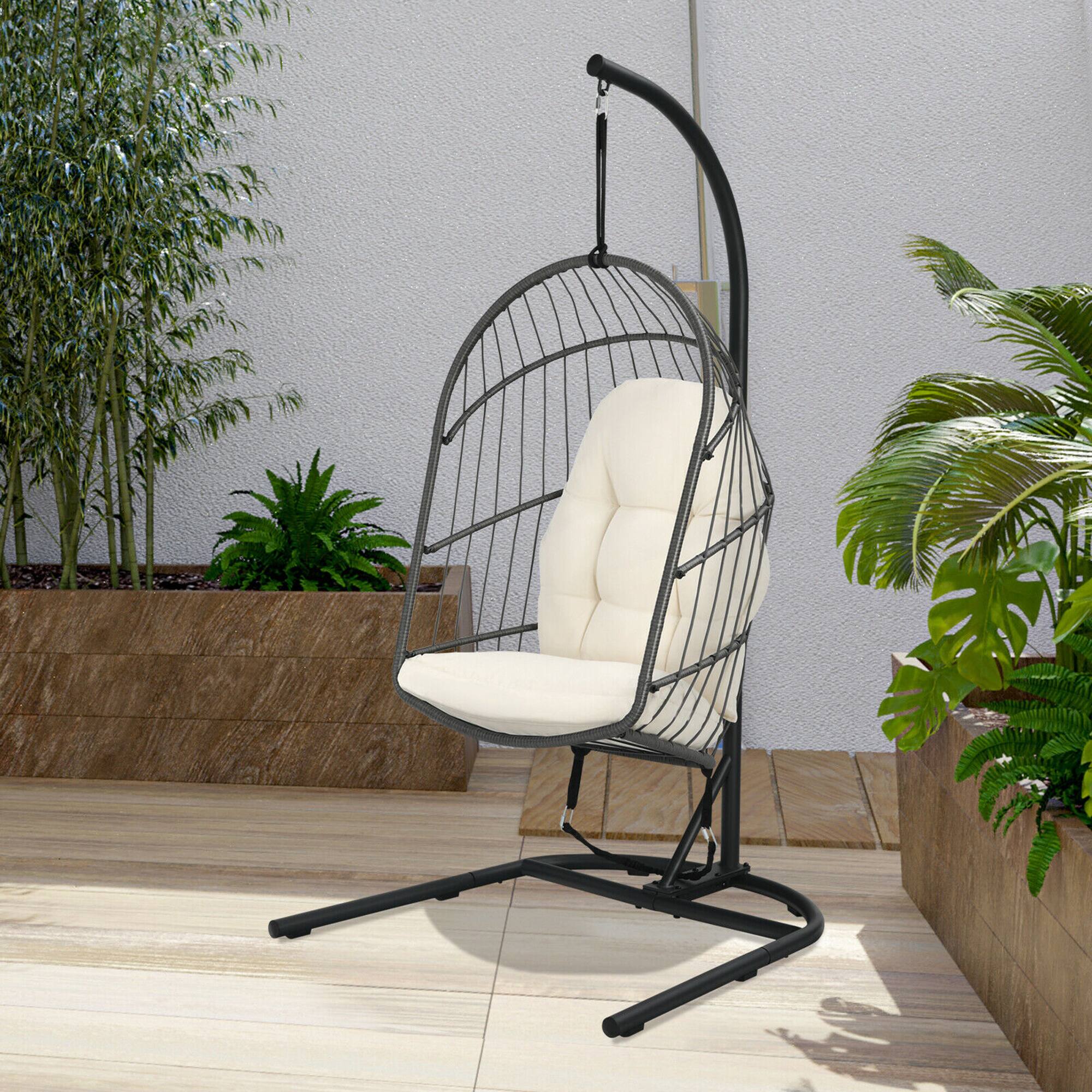 Alt View 2. Gymax - Gymax Hanging Hammock Egg Chair Patio Rattan Swing Chair w/ Stand & Beige Cushions - Beige.