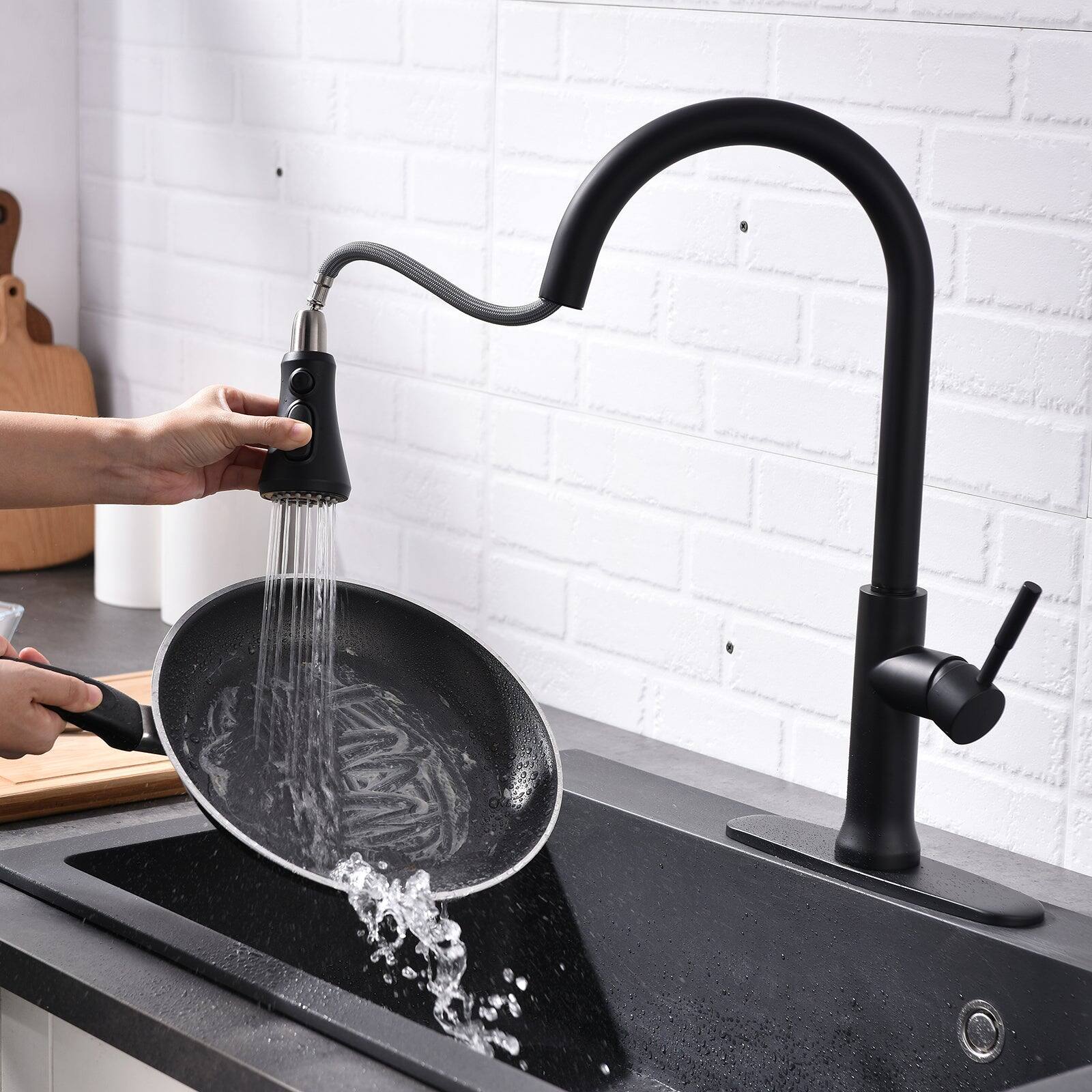 Alt View 4. Boyel Living - Matte Black Single Handle Sensor Activation Pull Out Sprayer Kitchen Faucet with Deck Plate Included - Matte Black.