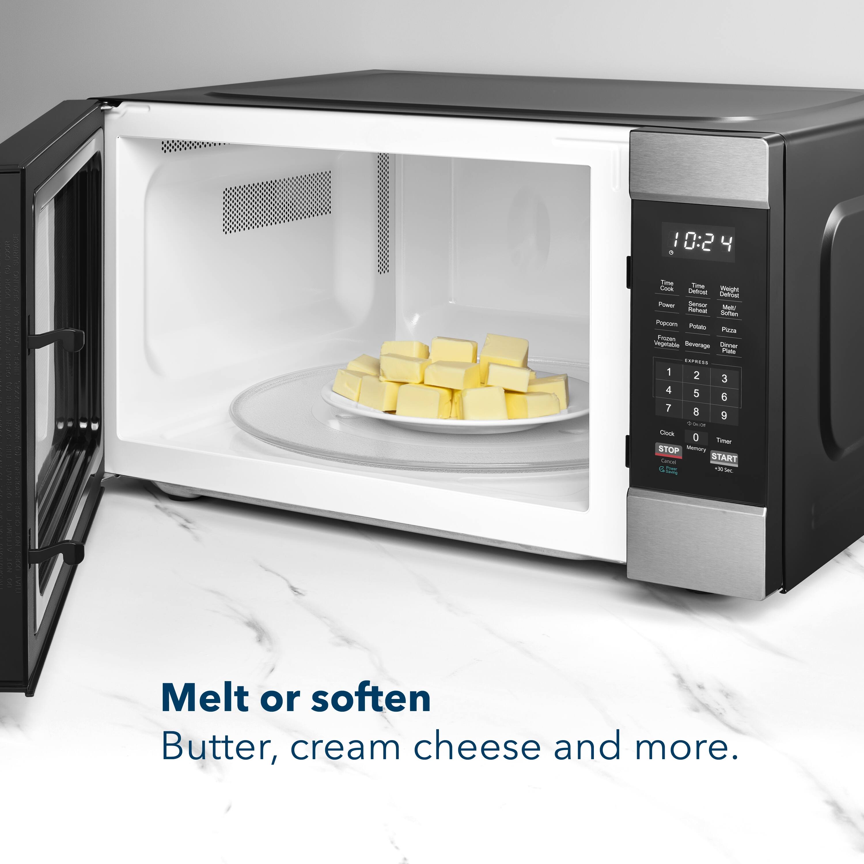 The text on the image reads: "10:24 a me Tmme Ca - Vogh Cotria - Serwor Mut n Sntun Popclen Potalo Plasa Faunan Viegeatoo Beverage - Pat COPRENS .. 1 2 3 4 5 6 7 8 9 + - Lors D Tater STOP Mery - START Melt or soften Butter, cream cheese and more."