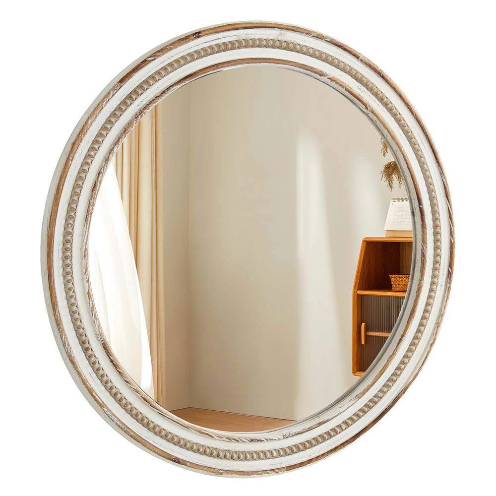 Alt View 5. Kadyn - 23.62" Round Wooden Beaded Mirror, Rustic Style Decorative Wall Mirror for Home Office, Antique Natural.
